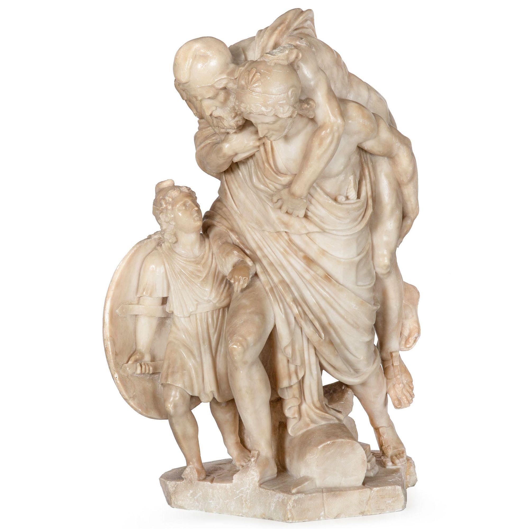 GRAND TOUR
Italian, 19th century

The Flight of Aeneas From Burning Troy Carrying His Father Anchises

Carved alabaster  Unsigned  circa 1880

Item # 410LIK20S

A dramatic moment from Virgil's epic poem, The Aeneid, the hero Aeneas returns from the