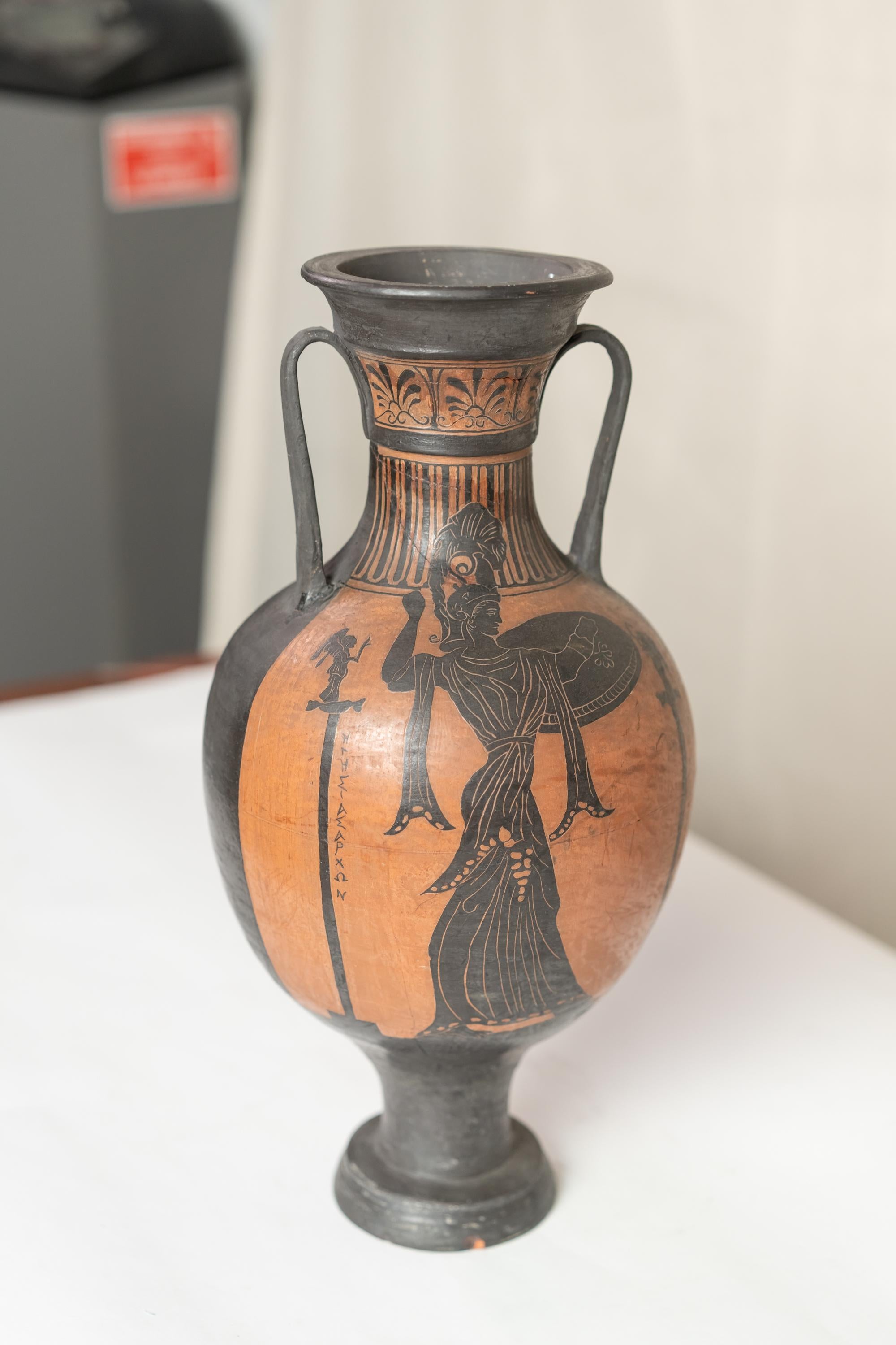 Grand Tour Italian neoclassical terracotta urn depicting a Greek female figure.