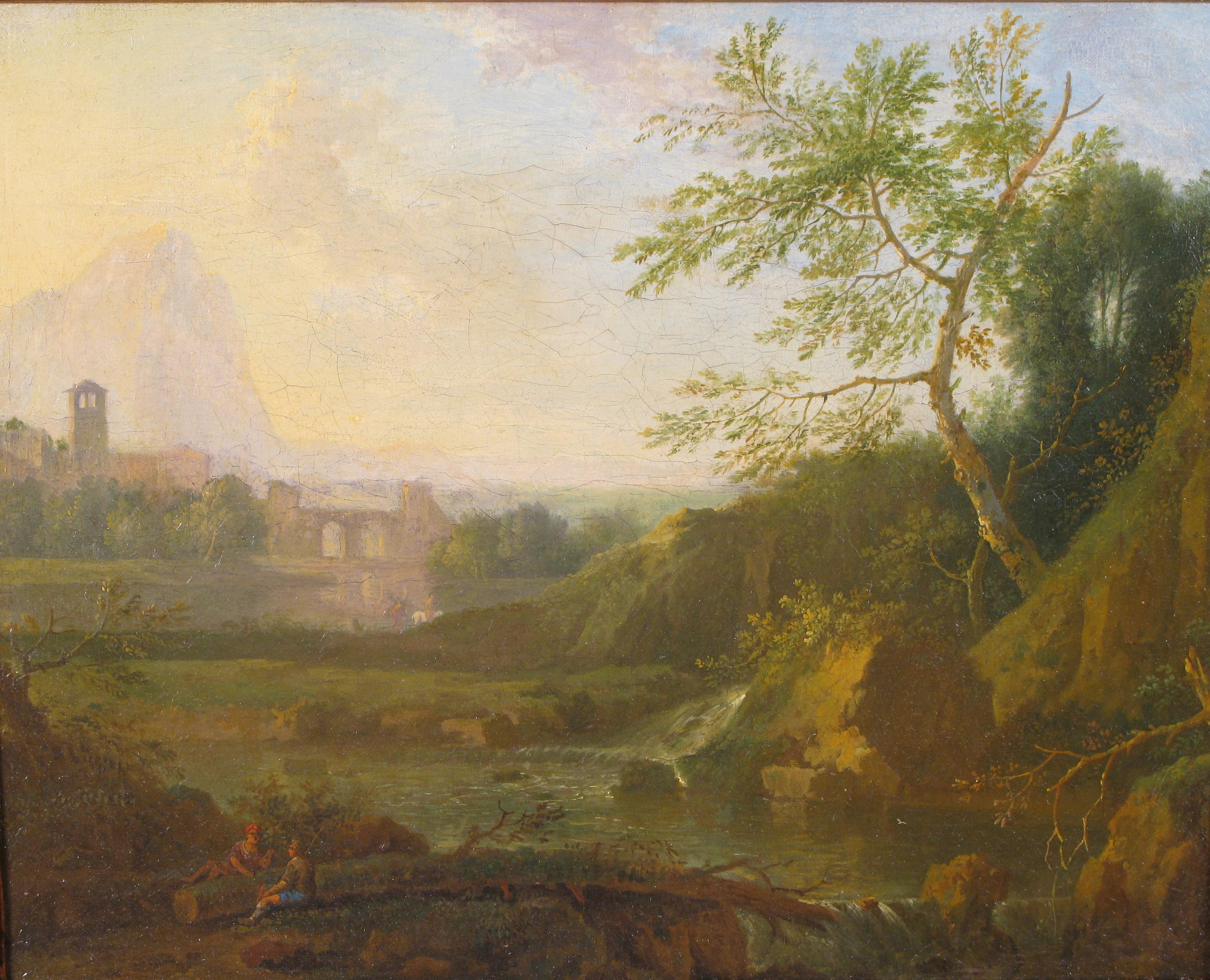 Grand tour - Landscape of the Roman countryside with architecture and characters

Oil painting on canvas

Rome 18th century

Measurements: 27 x 33 - 43.5 x 50.5 cm (with frame)

On the bed of a river, next to a bend formed between two small