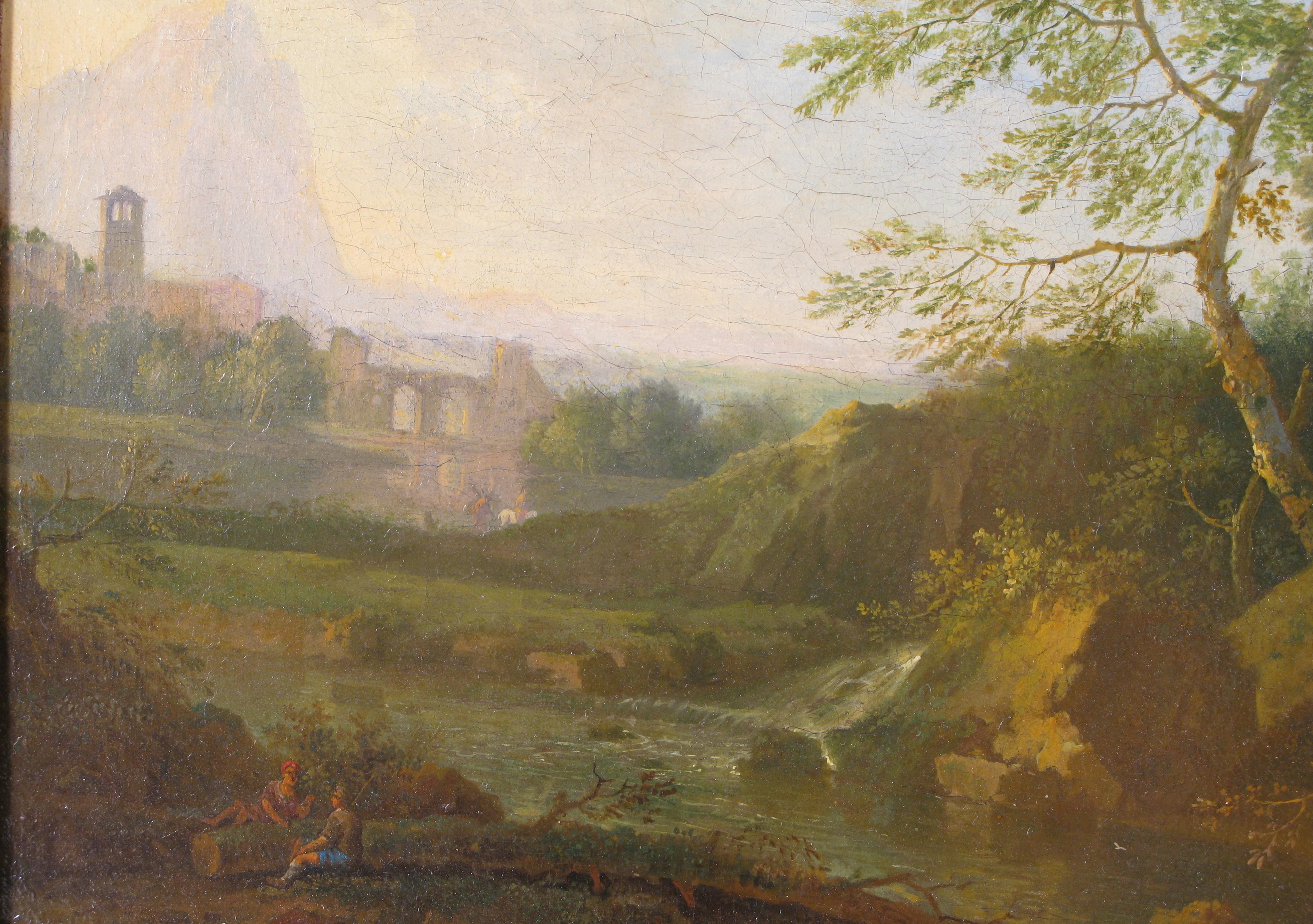 Painted Grand Tour, Landscape of the Roman Countryside with Architecture and Characters For Sale