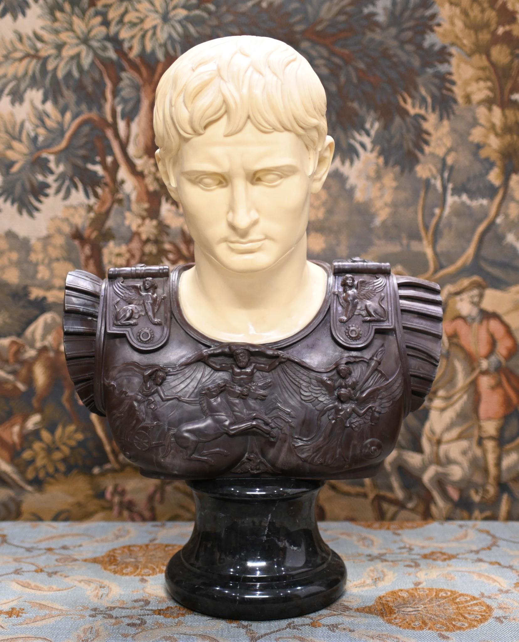 Hail Caesar!
Wonderful Italian Grand Tour bust of Roman Emperor Julius Caesar
Great version of the classic Caesar pose
White marble for the neck and head, brown for his tunic top and black for the soccle
Great hand carved relief work to the tunic