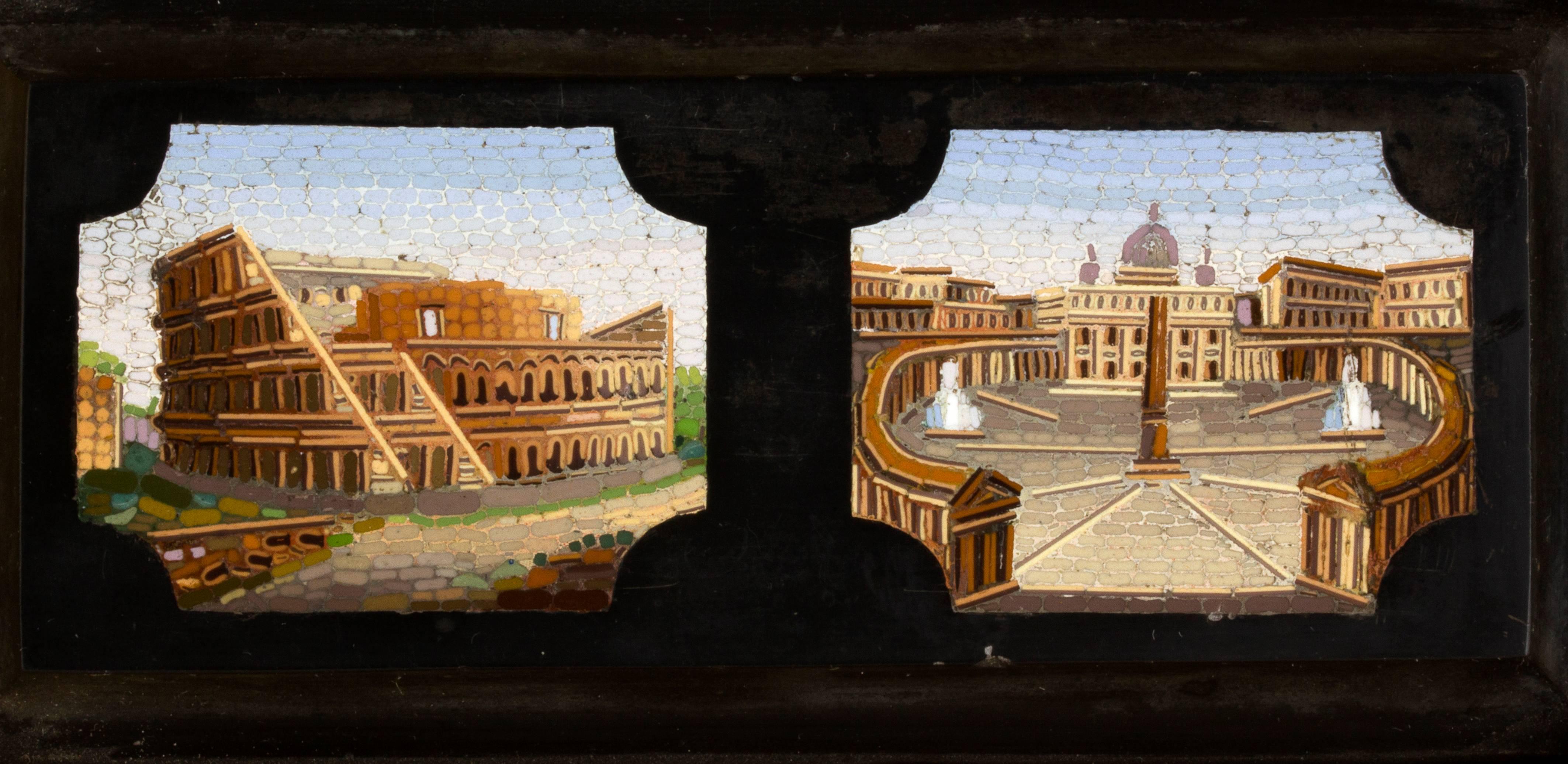 Micromosaic plaques depicting San Peter and the Colosseum, with a gilted wooden frame. Dimension 145 x 205 mm, plaque dimension 120 x 55 mm. Item condition grading: **** good.