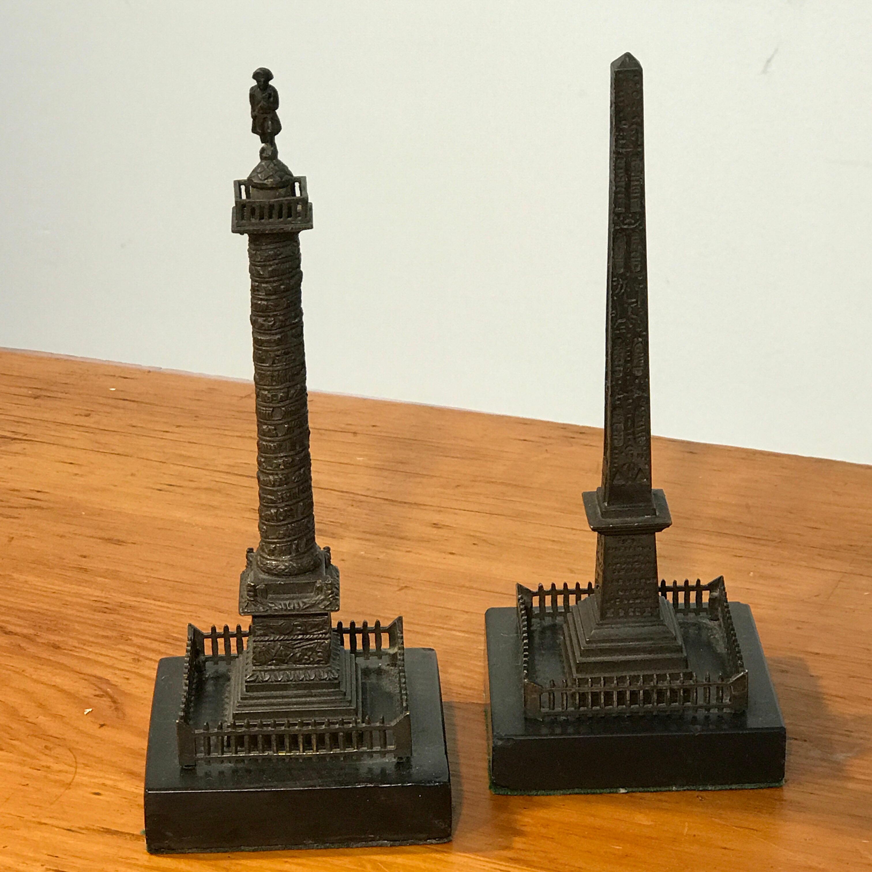 Grand tour models of Trajan's column & Cleopatra's needle, a pair
Both with fine detail, and remnants of a thermometer standing 7.5