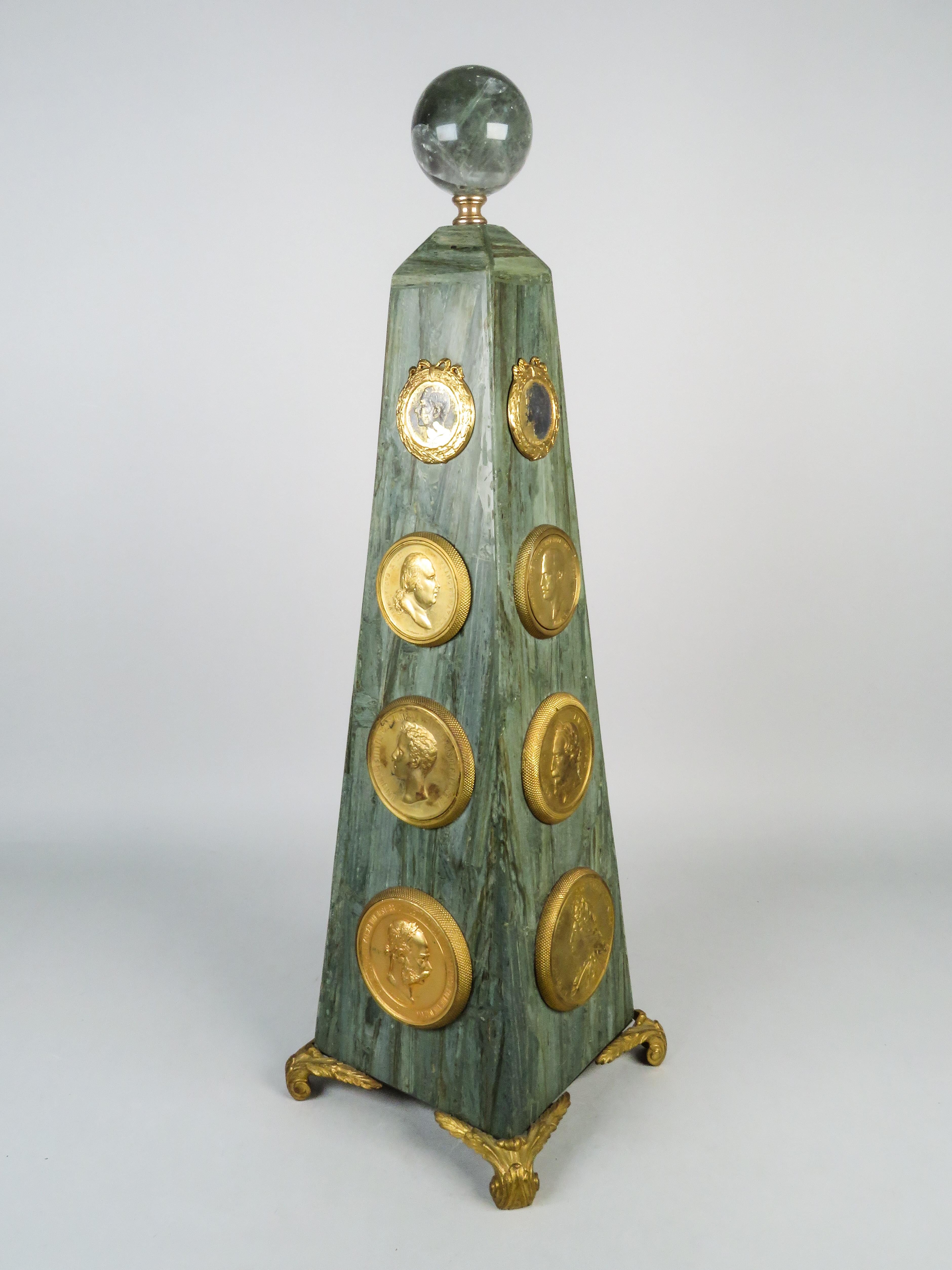 French Grand Tour obelisk in marble and gilt bronze topped with a glass sphere For Sale