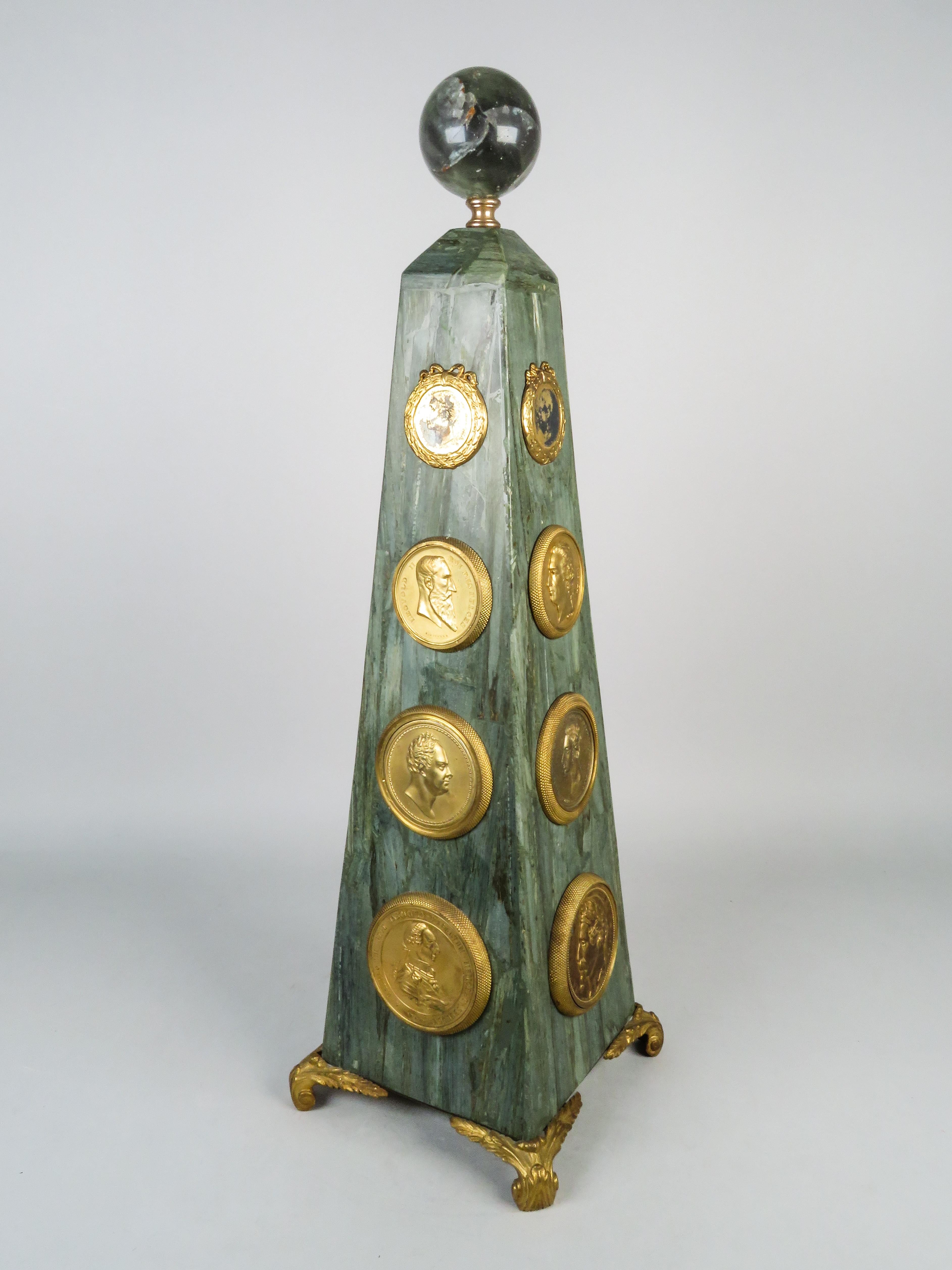 19th Century Grand Tour obelisk in marble and gilt bronze topped with a glass sphere For Sale