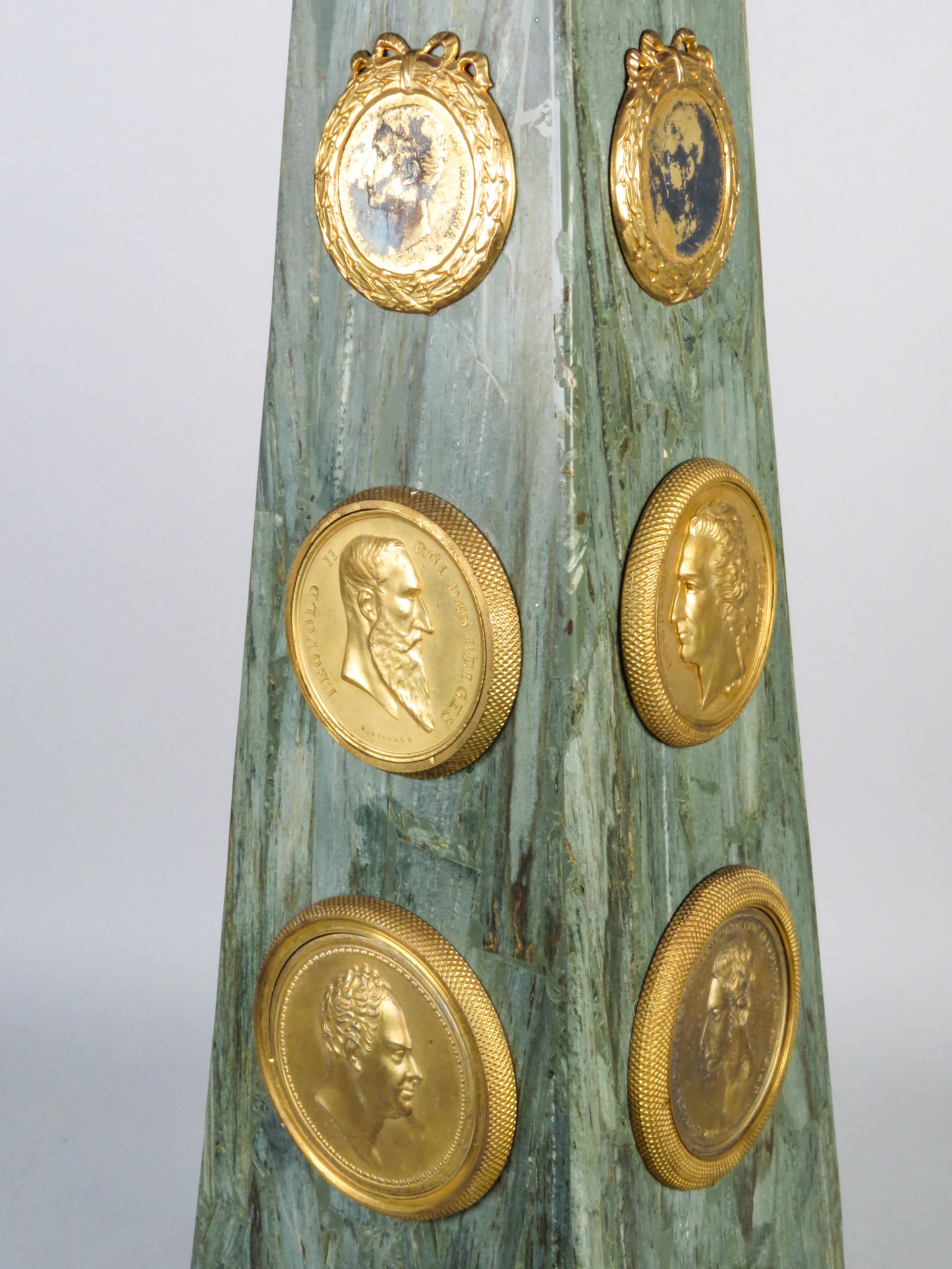 Glass Grand Tour obelisk in marble and gilt bronze topped with a glass sphere For Sale
