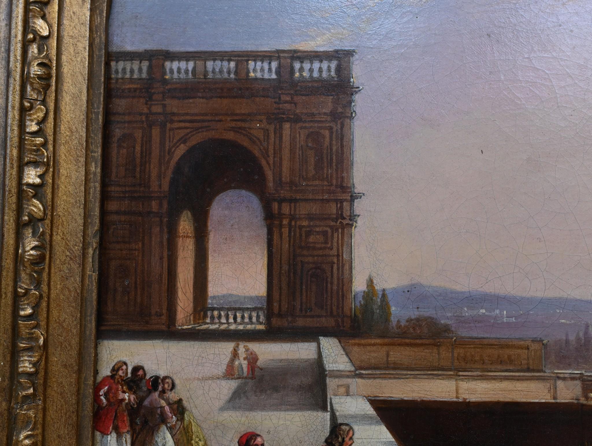 Wonderful Italian Grand Tour oil painting showing various figures looking across the Tuscan landscape
Entitled 'Gardens of the Villa' the residents stand on the grand balcony overlooking the countryside
The figures - some in papal clothing - stand