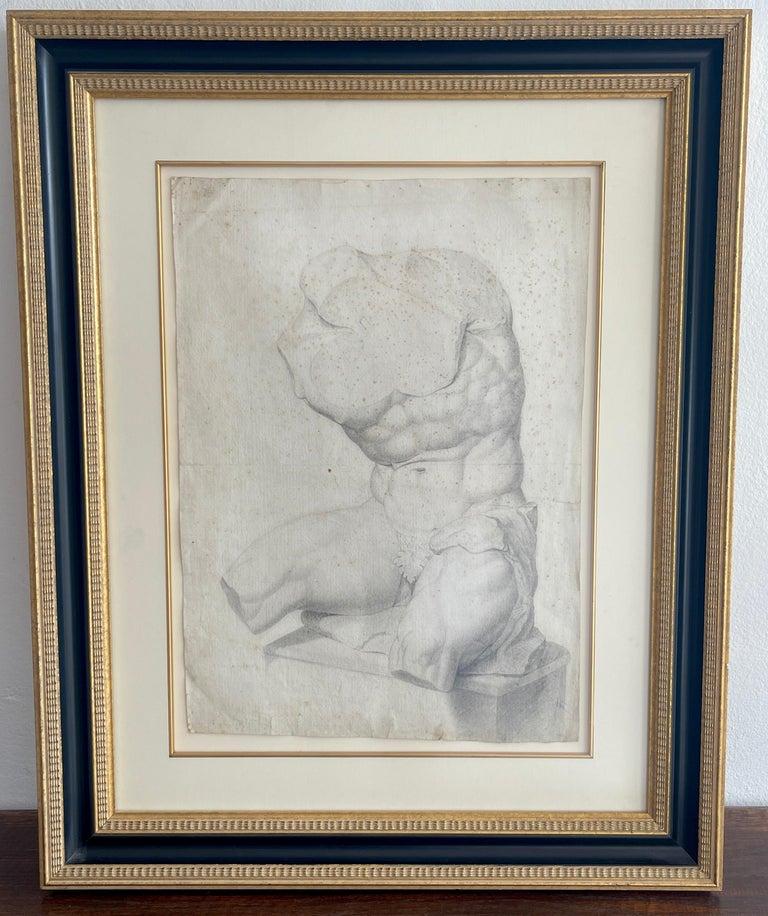 'Grand Tour' Altmeisterzeichnung eines sitzenden männlichen Aktes antiker Statuentorso
Italien 18. Jahrhundert oder älter
Zeichnung (Sicht): 15