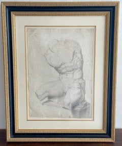 'Grand Tour' Old Master Drawing of a Seated Male Nude Antique Statue Torso