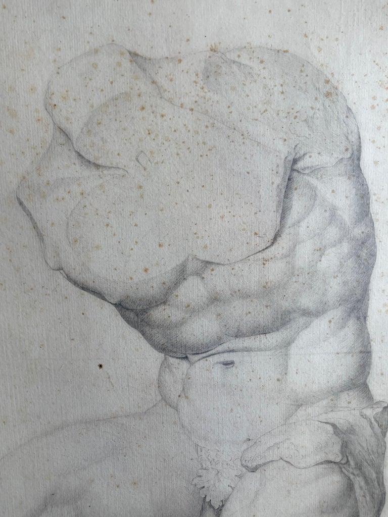 Blackened 'Grand Tour' Old Master Drawing of a Seated Male Nude Antique Statue Torso For Sale