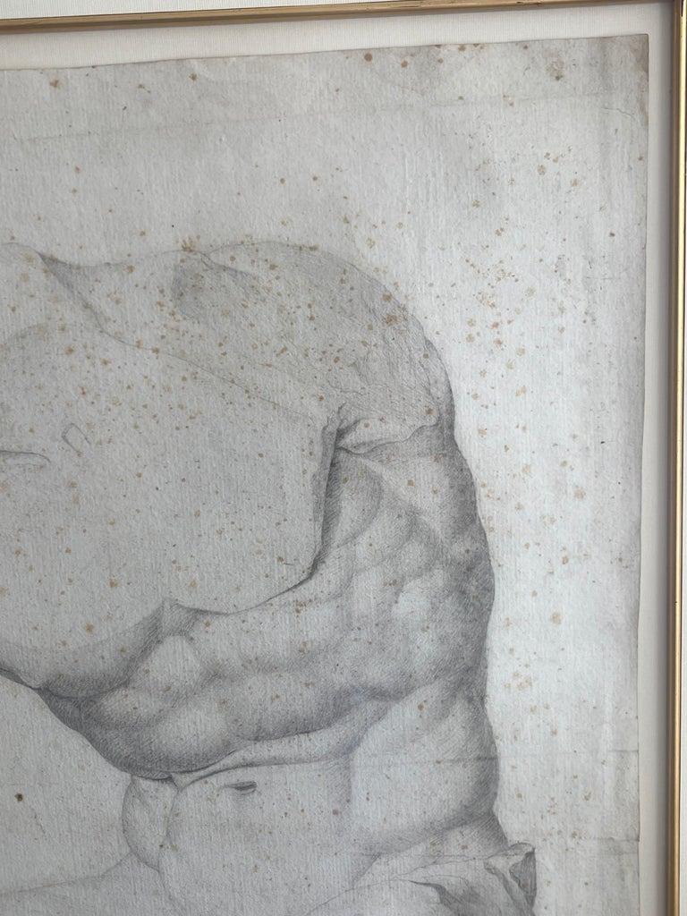 'Grand Tour' Old Master Drawing of a Seated Male Nude Antique Statue Torso In Good Condition For Sale In West Palm Beach, FL