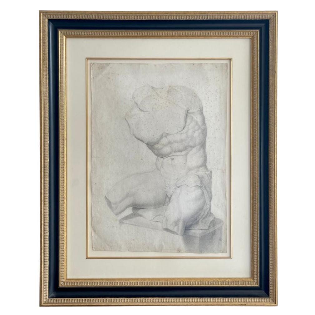 Dessin de l'ancien maître du Grand Tour représentant un nu masculin assis sur un torse de statue ancienne