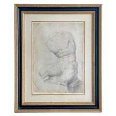 Dessin de l'ancien maître du Grand Tour représentant un nu masculin assis sur un torse de statue ancienne