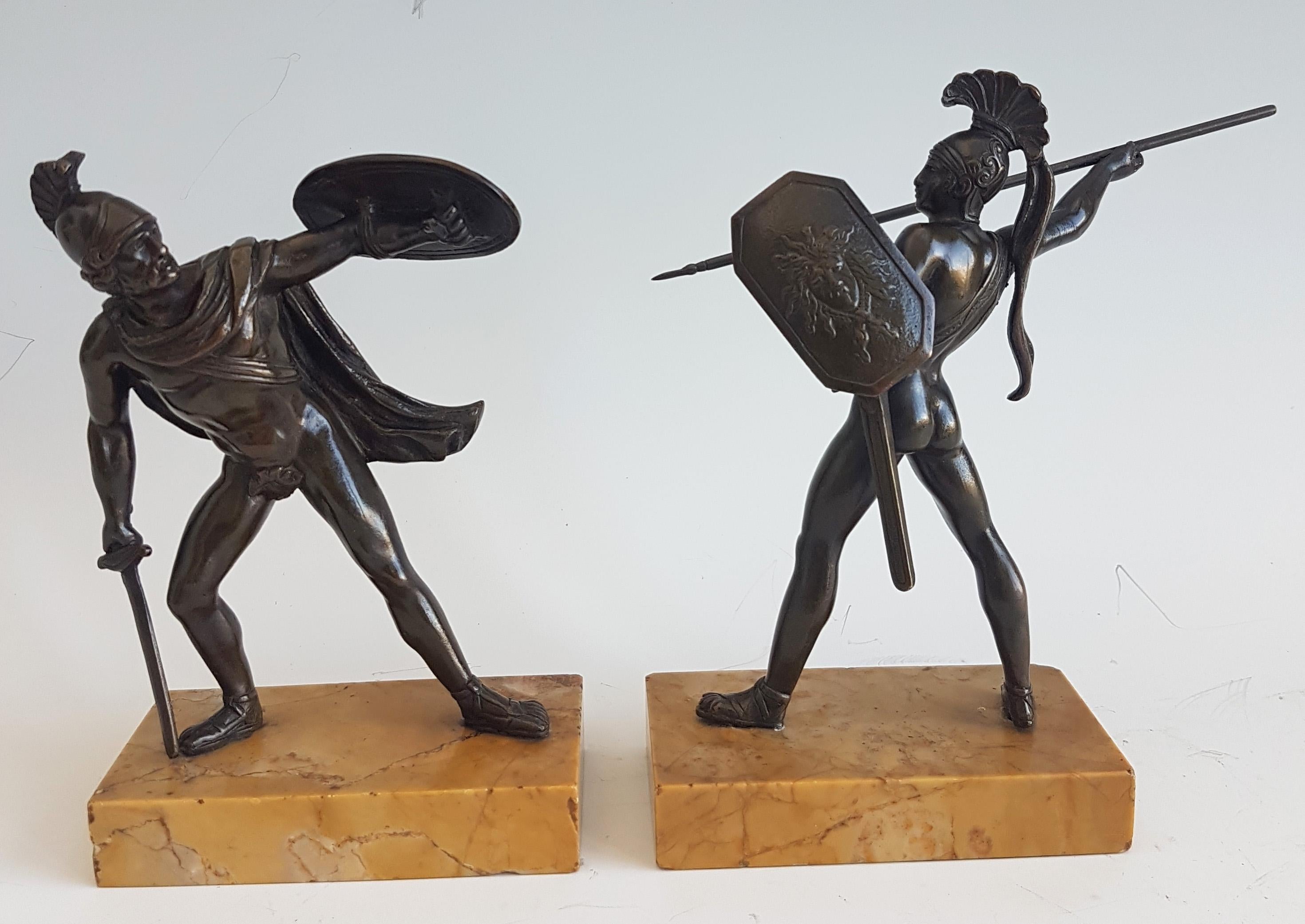 Patinated Grand Tour Pair of Bronze Gladiators on Sienna Marble Bases