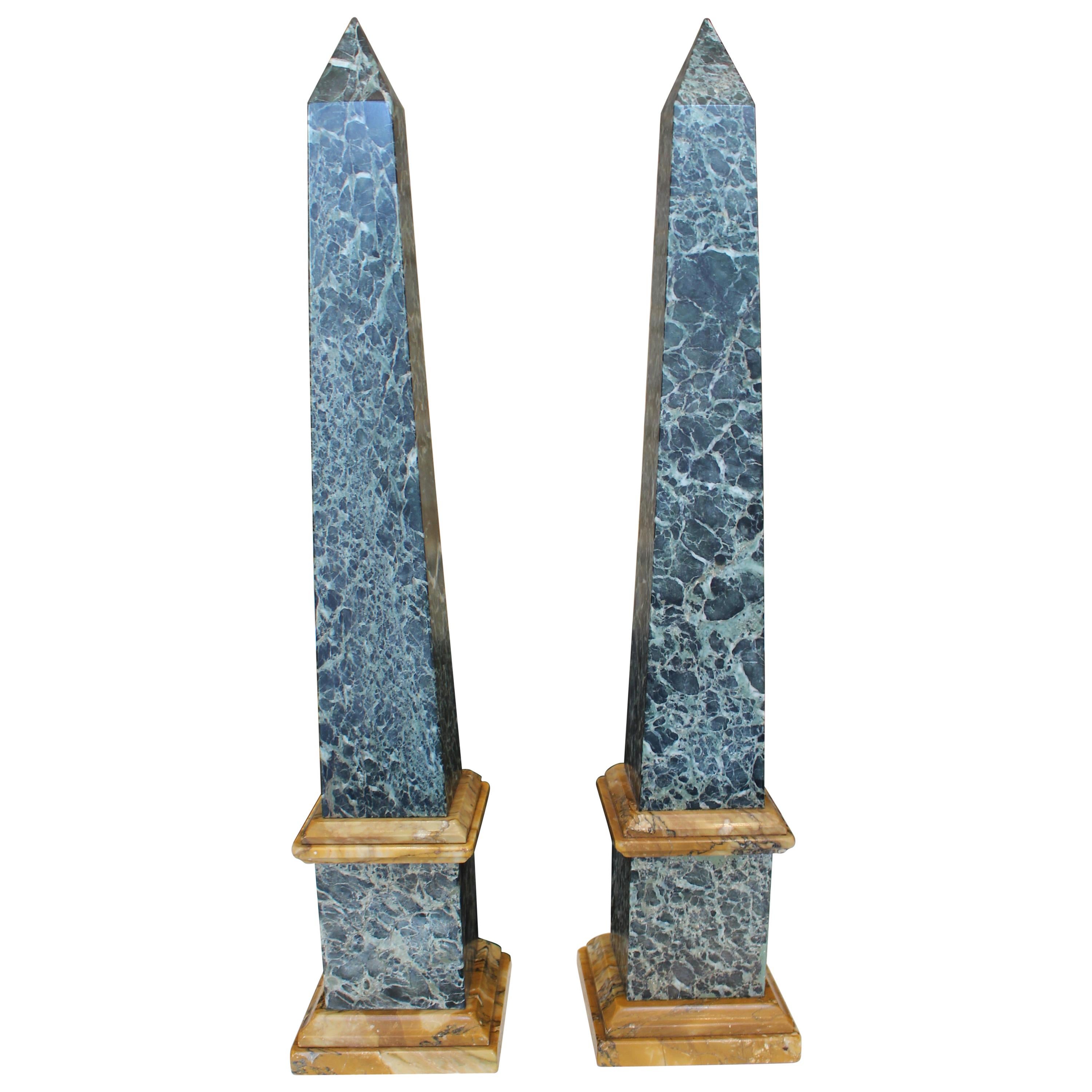 Grand Tour Pair of Green and Sienna Marble Obelisks For Sale