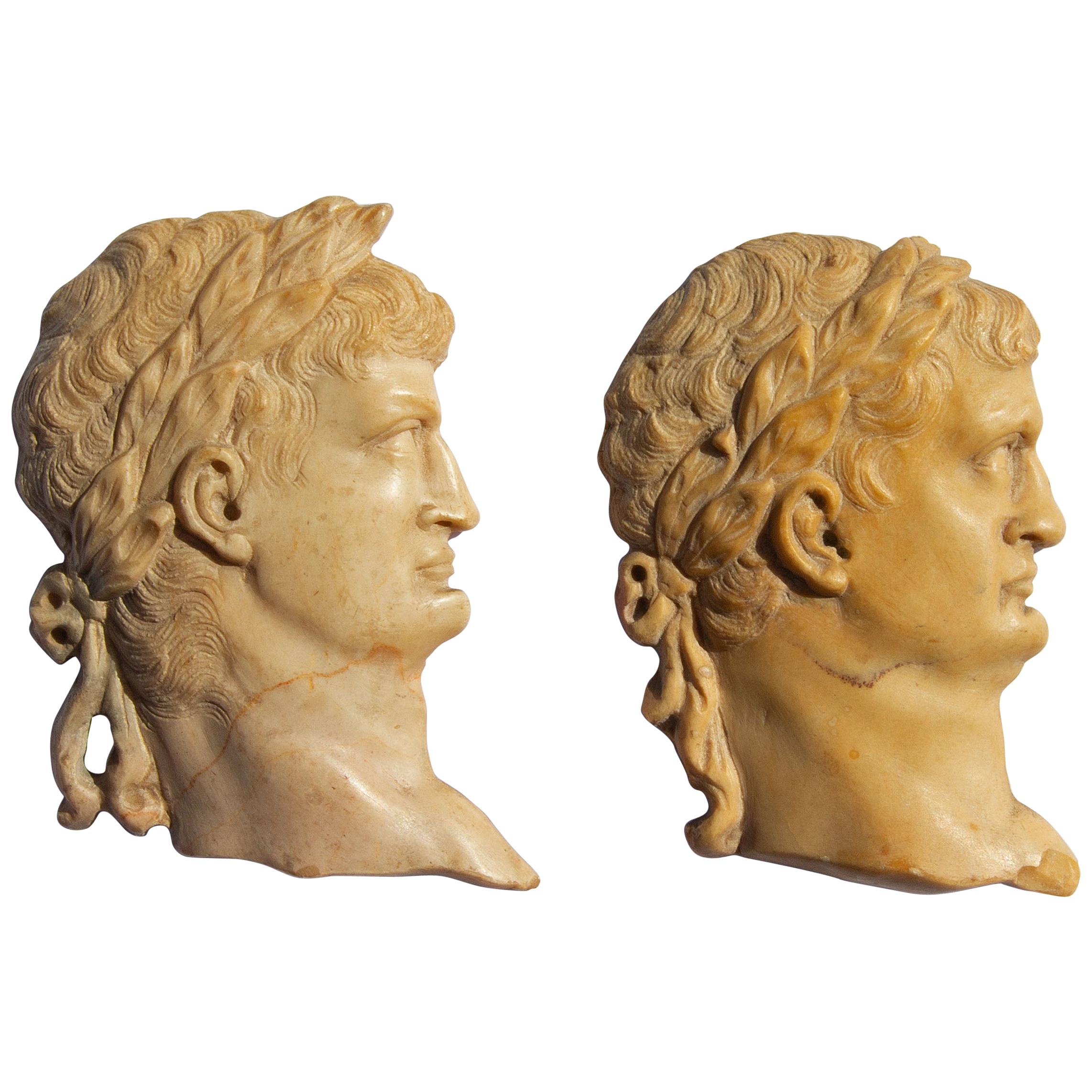 Grand Tour Pair of Marble Relief Carvings of Roman Dignitaries