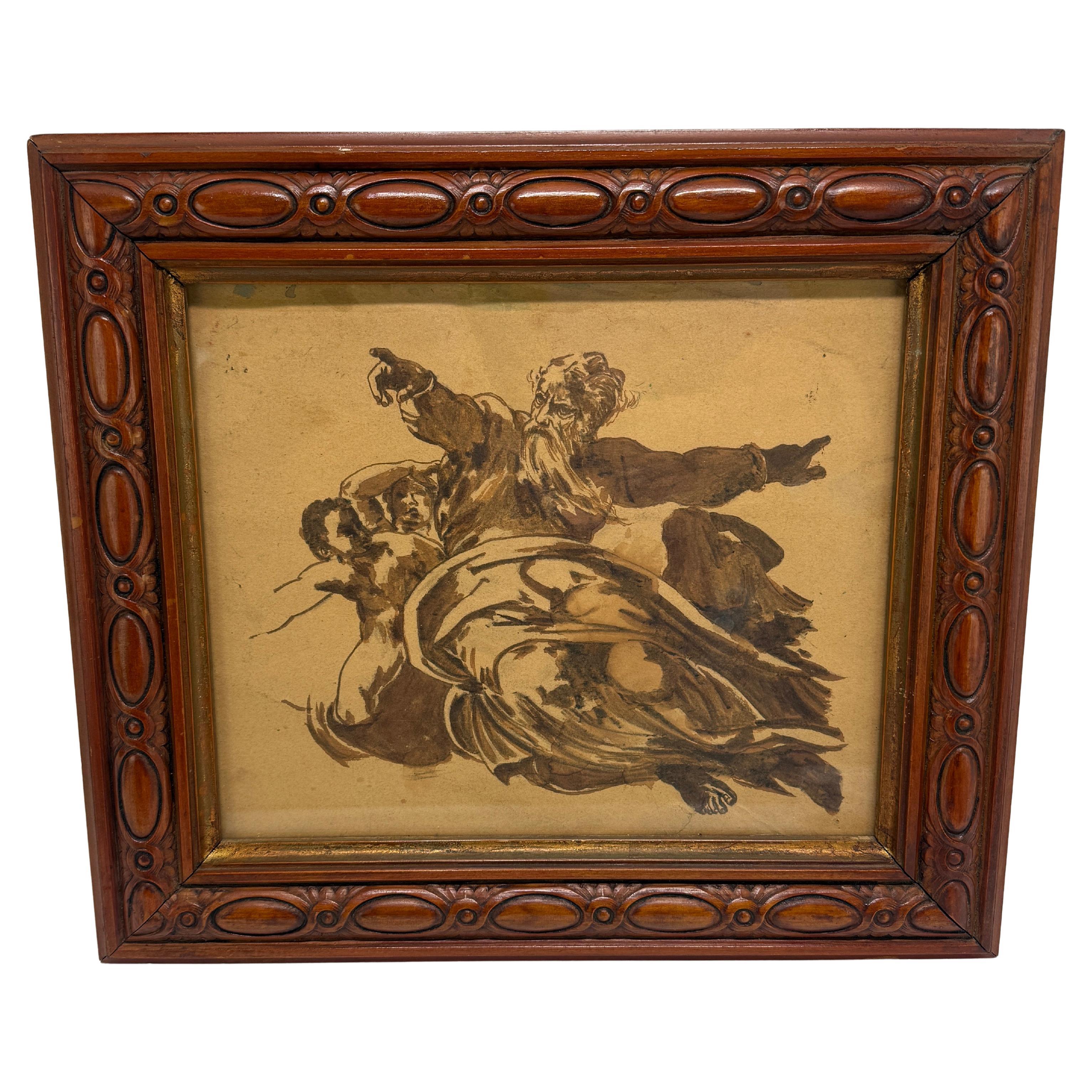 Grand Tour Dessin à la plume et au lavis d
encre Patriarche barbu, d
après le baroque italien