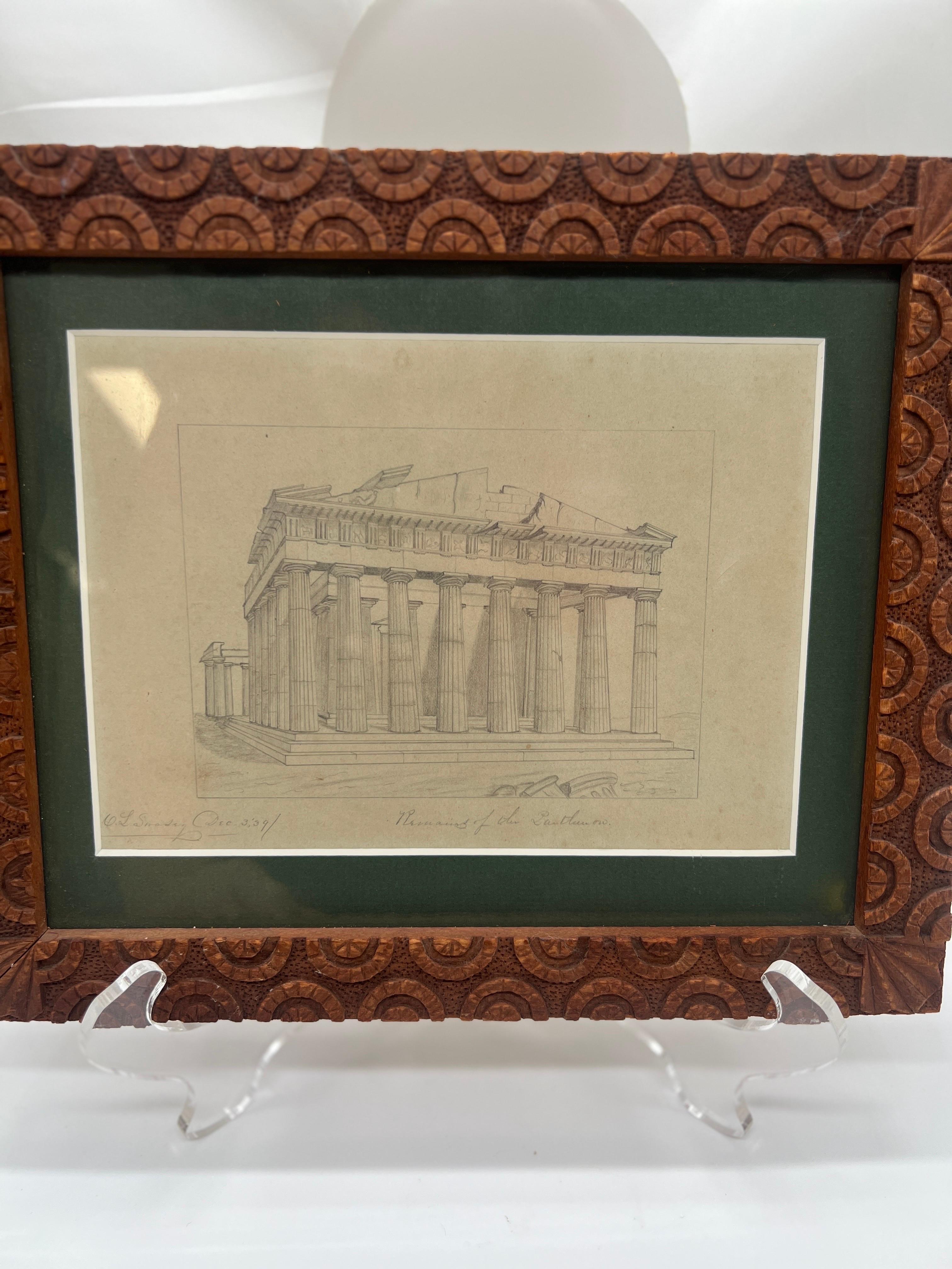 Charles Lamson Swasey (American New Bedford Massachusetts, 1815-1888). 

This wonderful grand tour graphite on paper drawing was done in December 1839 and depicts the remains of the Great Parthenon in Greece. 

This piece is housed in a well carved