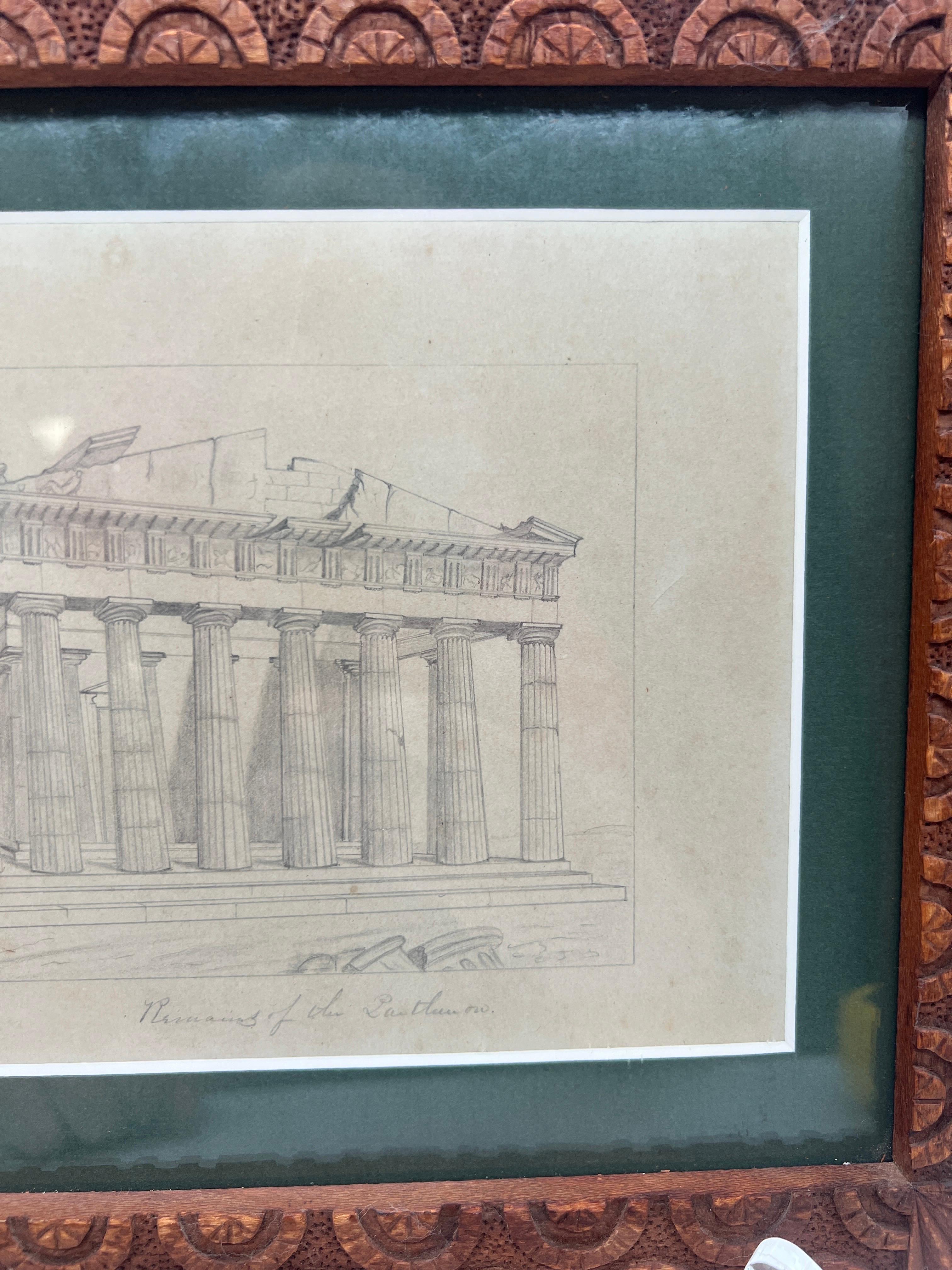 Américain Dessin au crayon Grand Tour « Rests of the Parthenon » avec cadre sculpté en vente