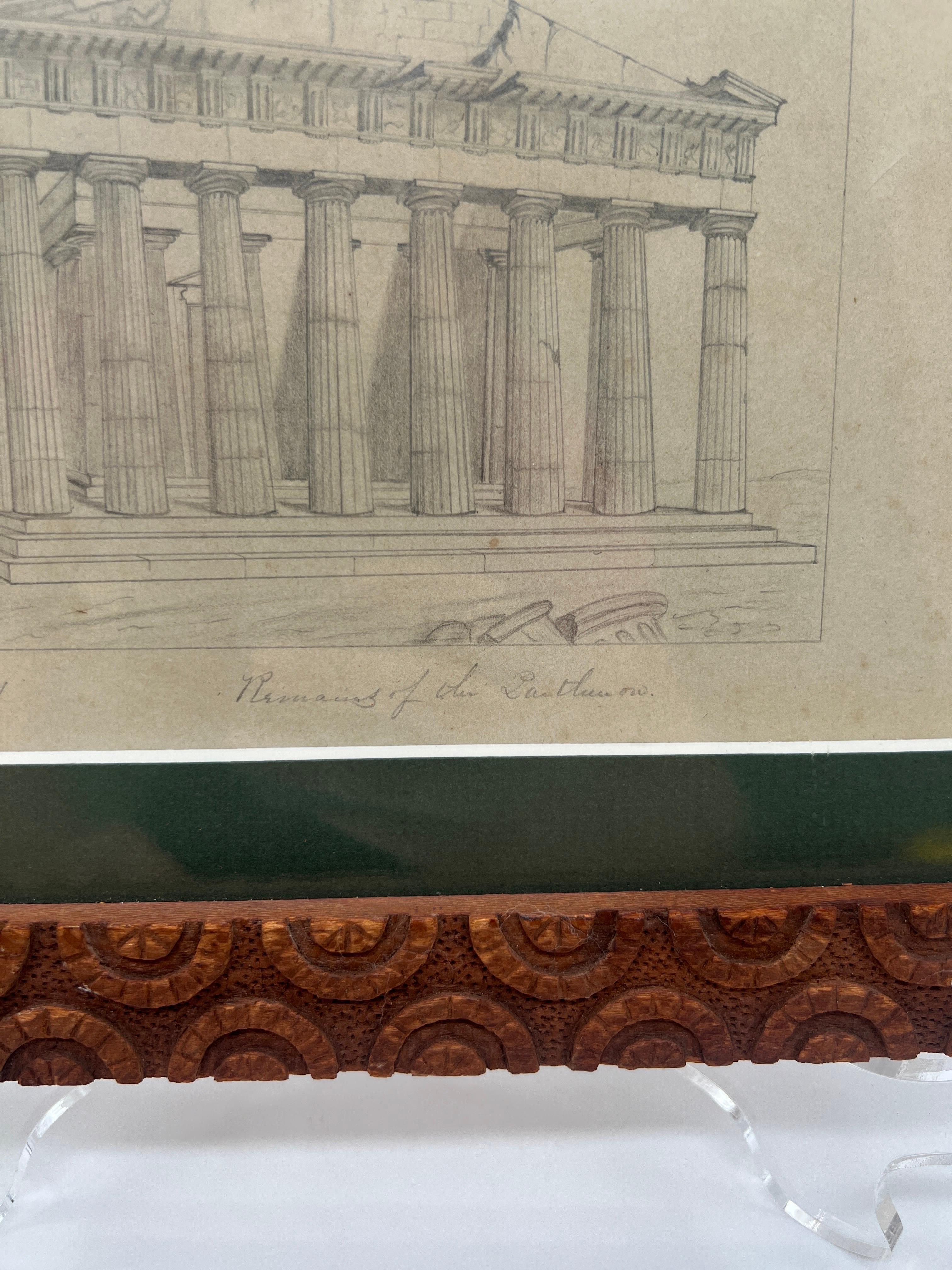 Dessin au crayon Grand Tour « Rests of the Parthenon » avec cadre sculpté Bon état - En vente à Atlanta, GA