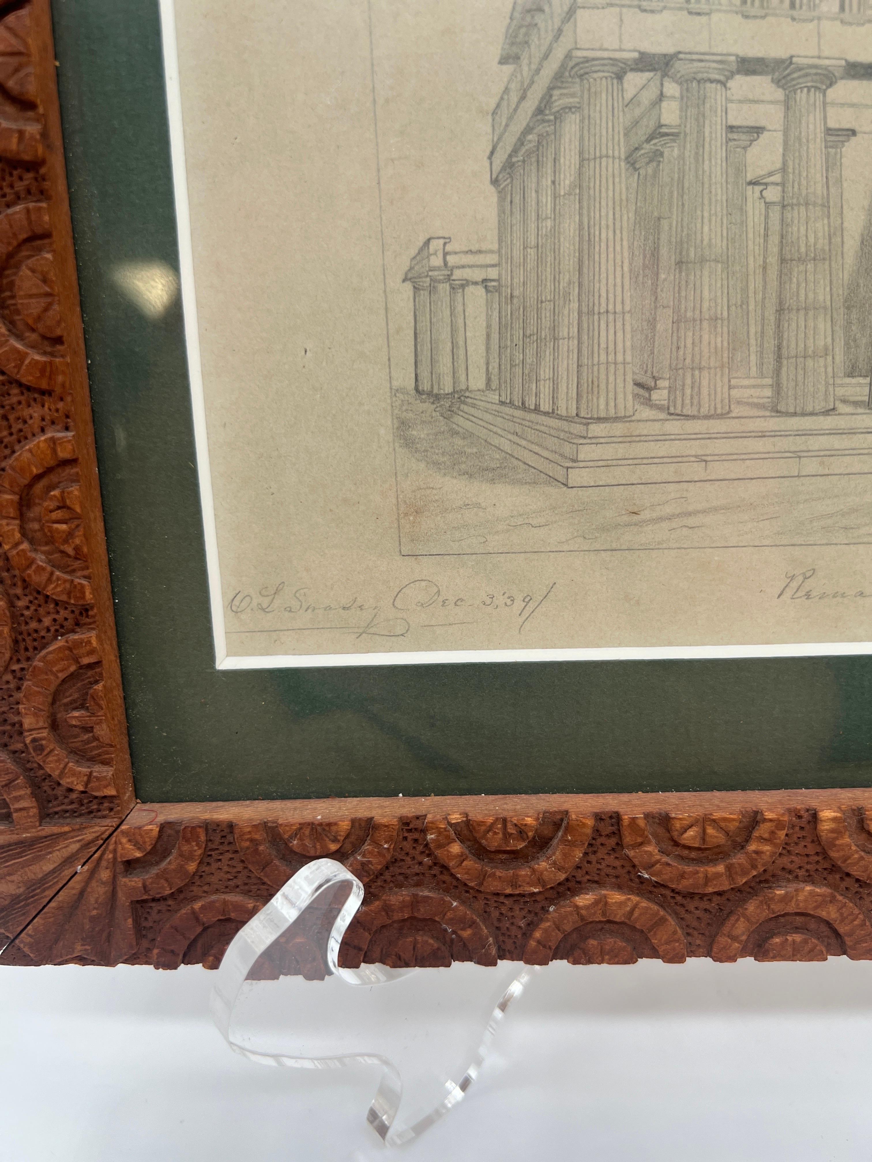 XIXe siècle Dessin au crayon Grand Tour « Rests of the Parthenon » avec cadre sculpté en vente