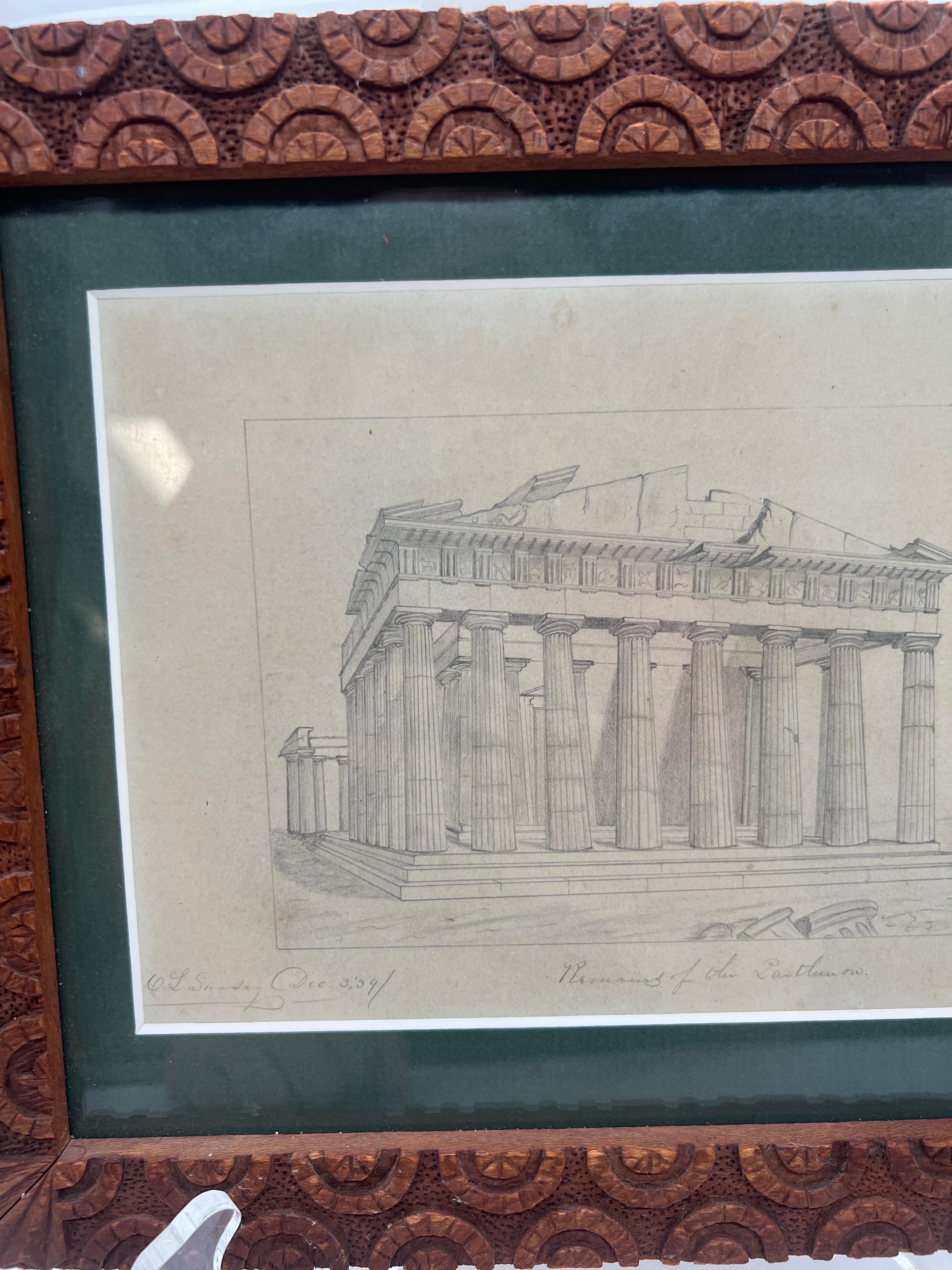 Dessin au crayon Grand Tour « Rests of the Parthenon » avec cadre sculpté en vente 1