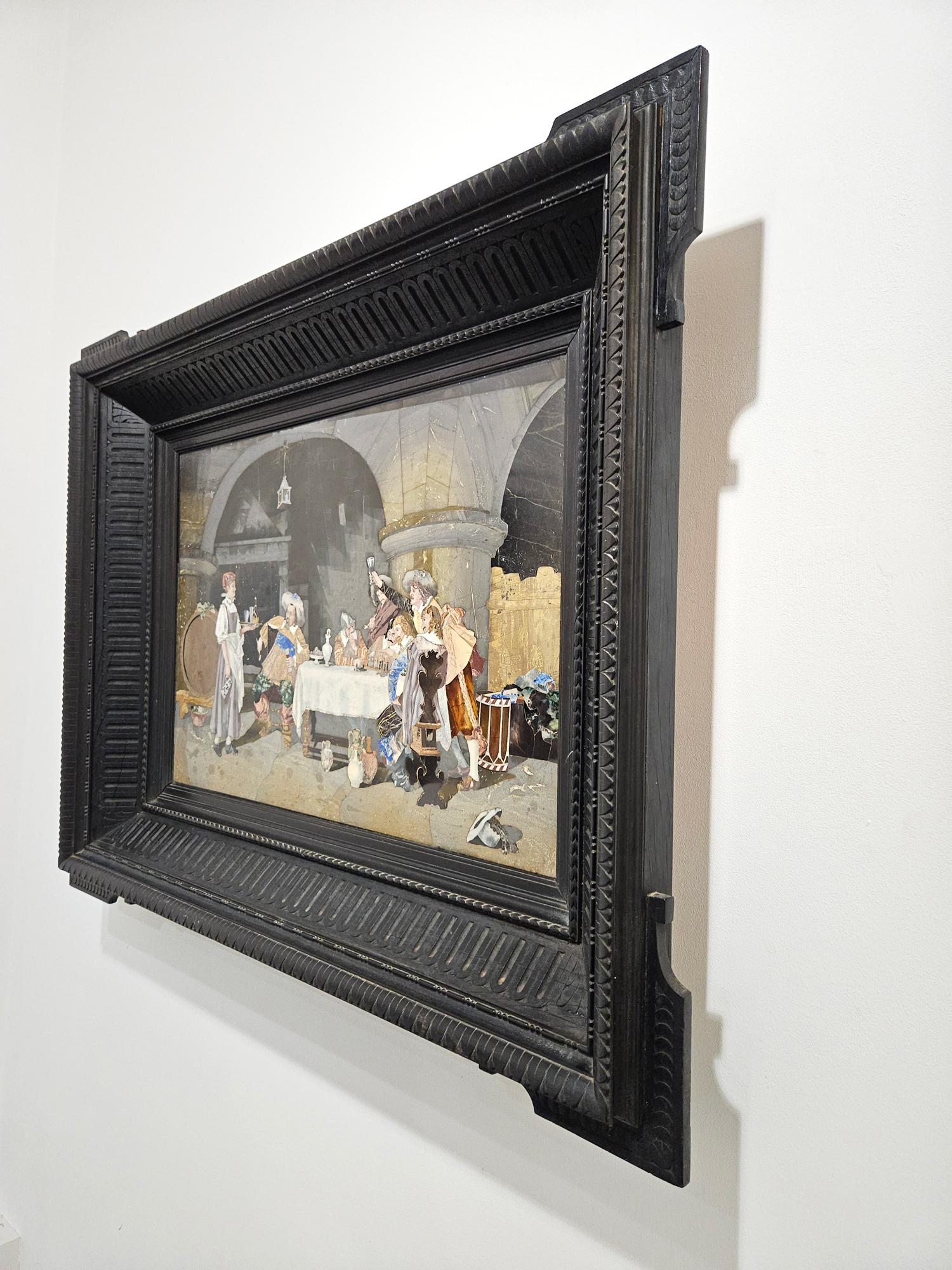 Grand Tour Pietra Dura Plaque of Cavaliers Drinking in a Cellar, Florence c.1885 For Sale 6