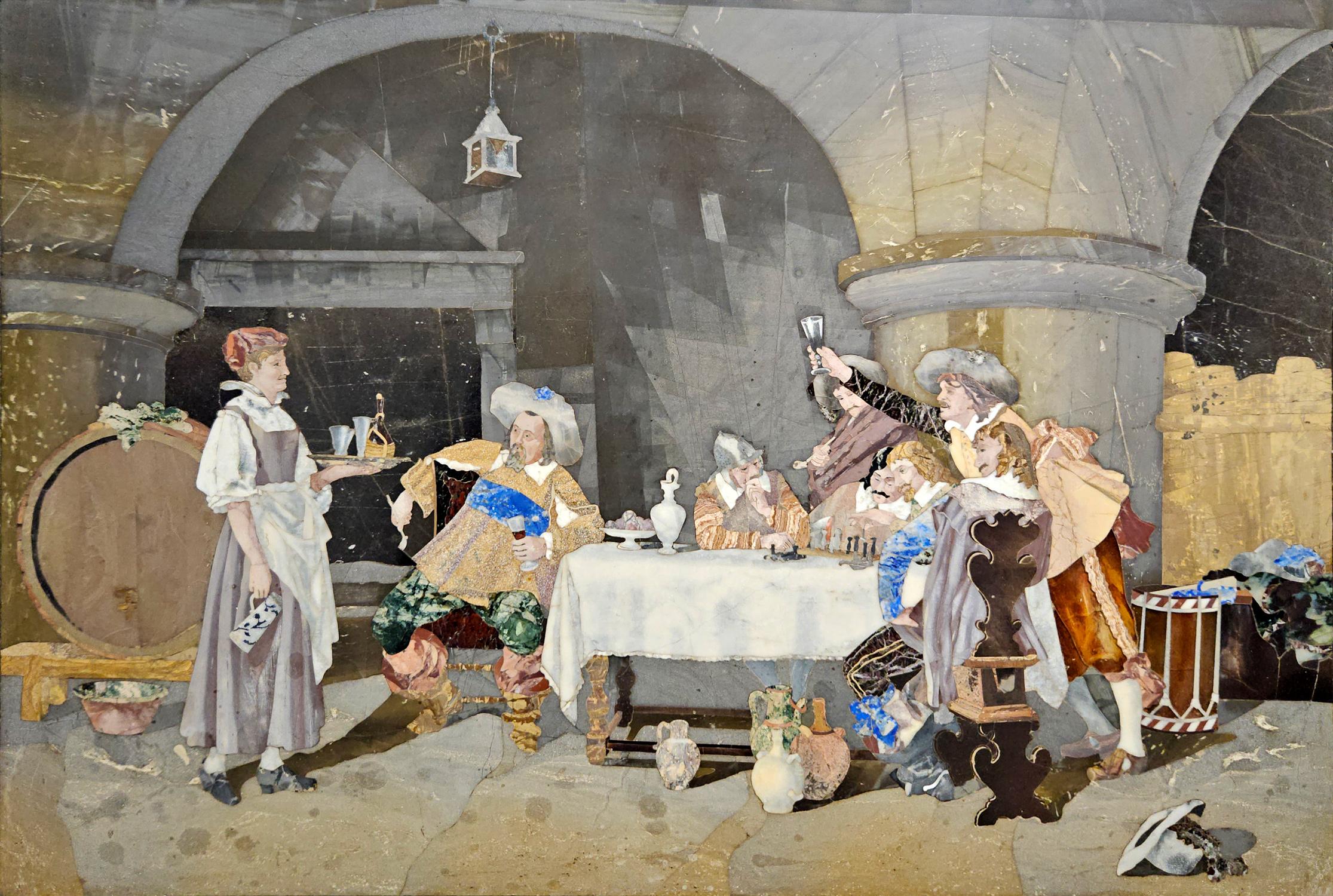 Grand Tour Pietra Dura Plaque of Cavaliers Drinking in a Cellar, Florence c.1885 For Sale 7