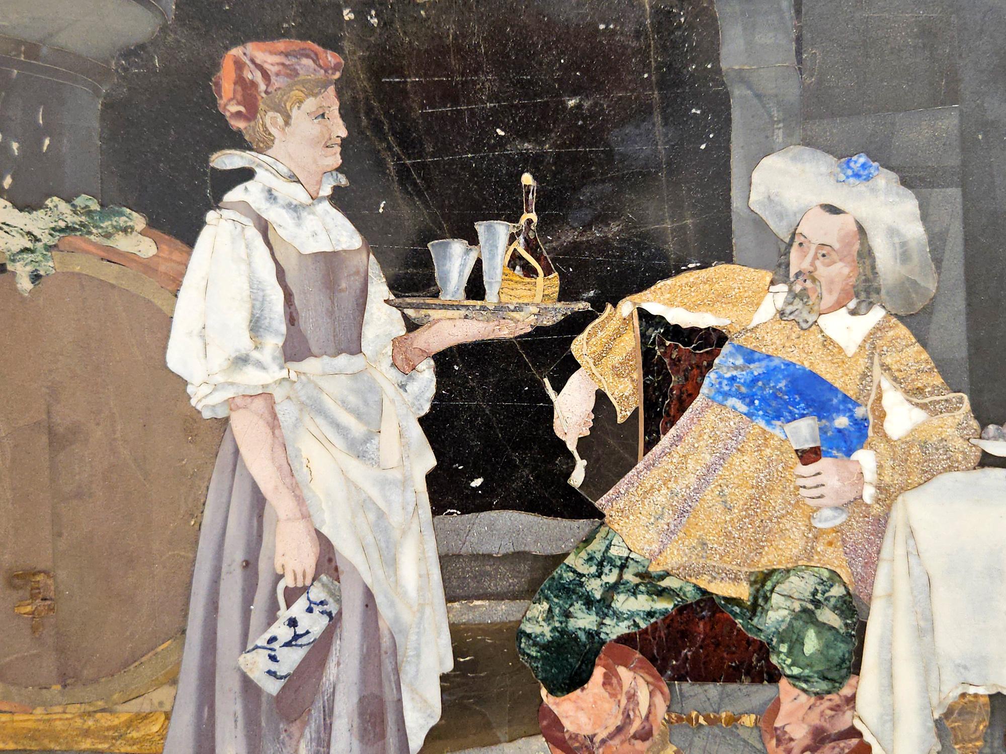 Italian Grand Tour Pietra Dura Plaque of Cavaliers Drinking in a Cellar, Florence c.1885 For Sale