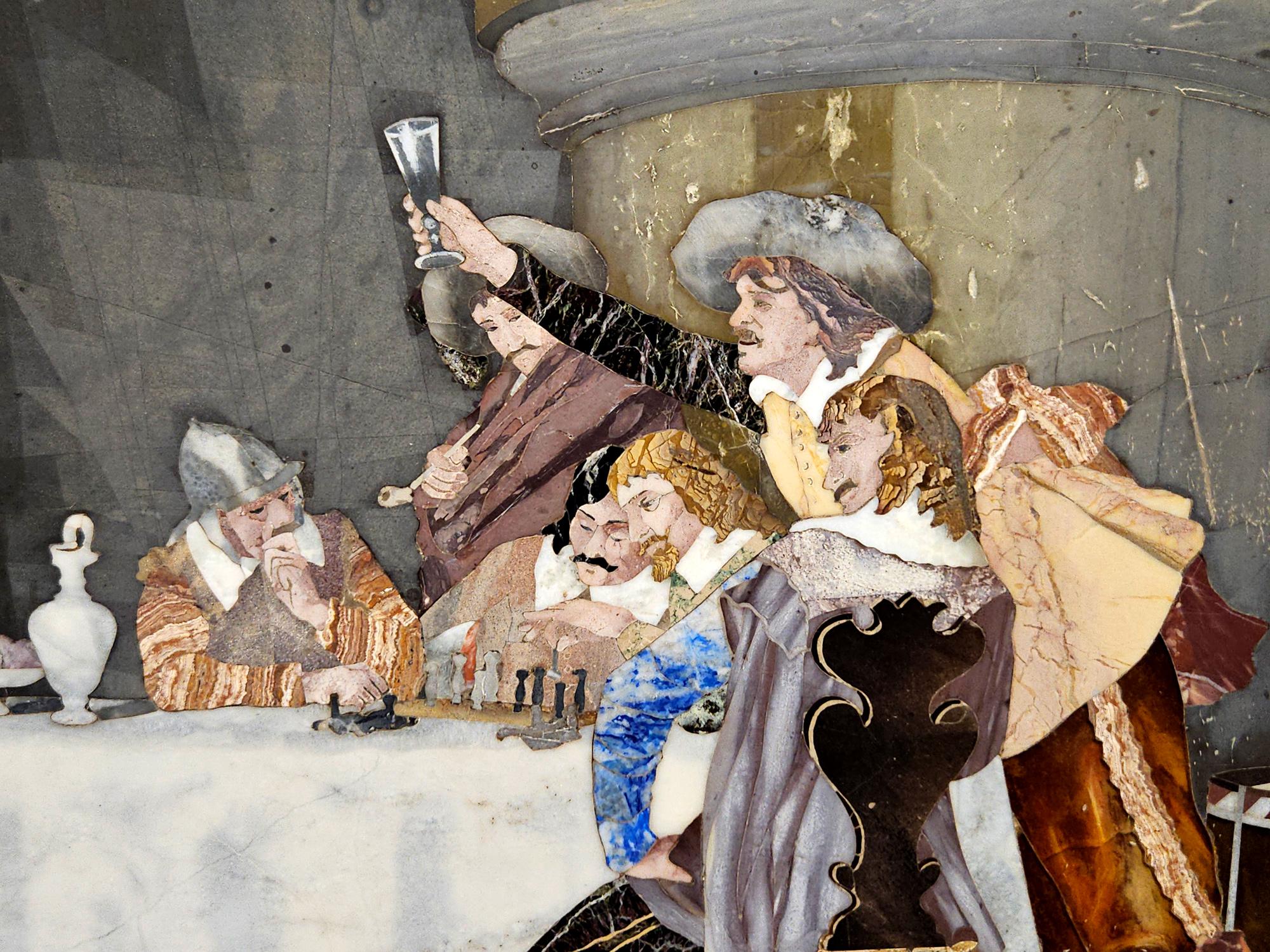 Grand Tour Pietra Dura Plaque of Cavaliers Drinking in a Cellar, Florence c.1885 In Good Condition For Sale In London, GB