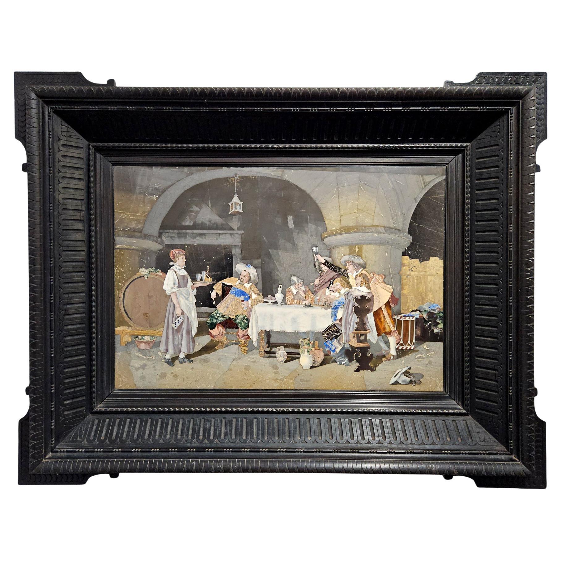Placca in pietra dura del Grand Tour con Cavalieri che bevono in una cantina, Firenze, 1885 ca.
