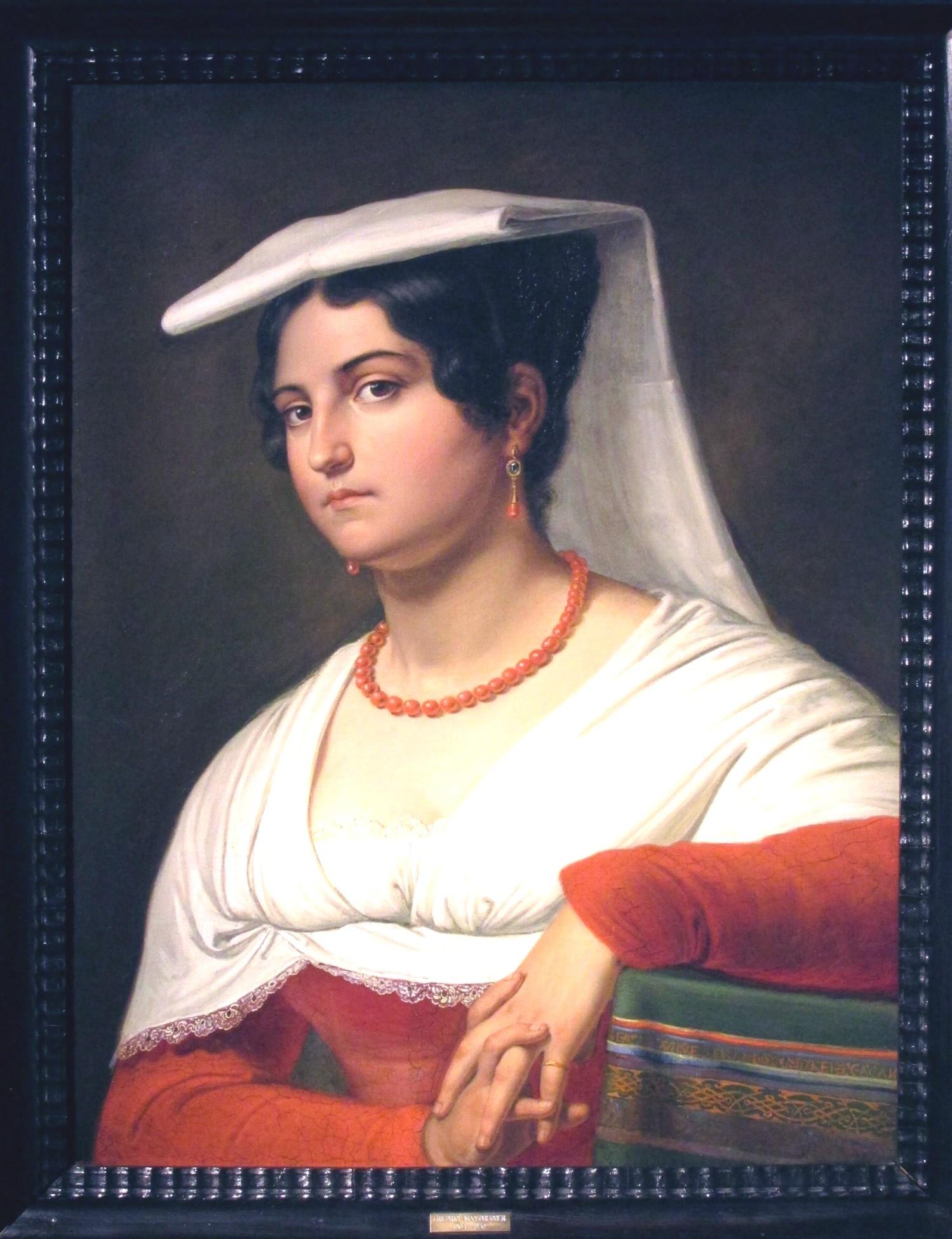 A finely executed & extremely charming 19th century portrait of young Italian woman, probably that of Vittoria Caldoni. 
Vittoria Caldoni was an Italian woman from Albano most favoured as a sitter by several of the German artists working in Italy at