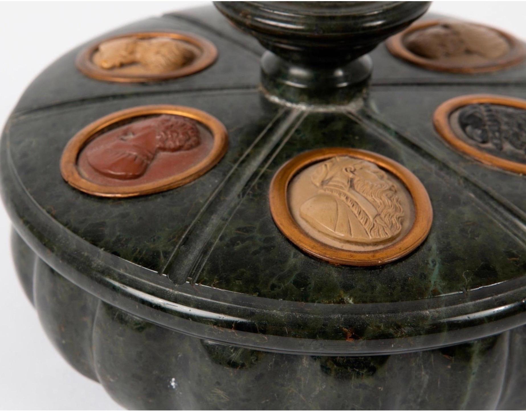 Grand Tour Serpentine Inkwell and Cover Inset with 7 Lava Stone Cameos, 19th C For Sale 5