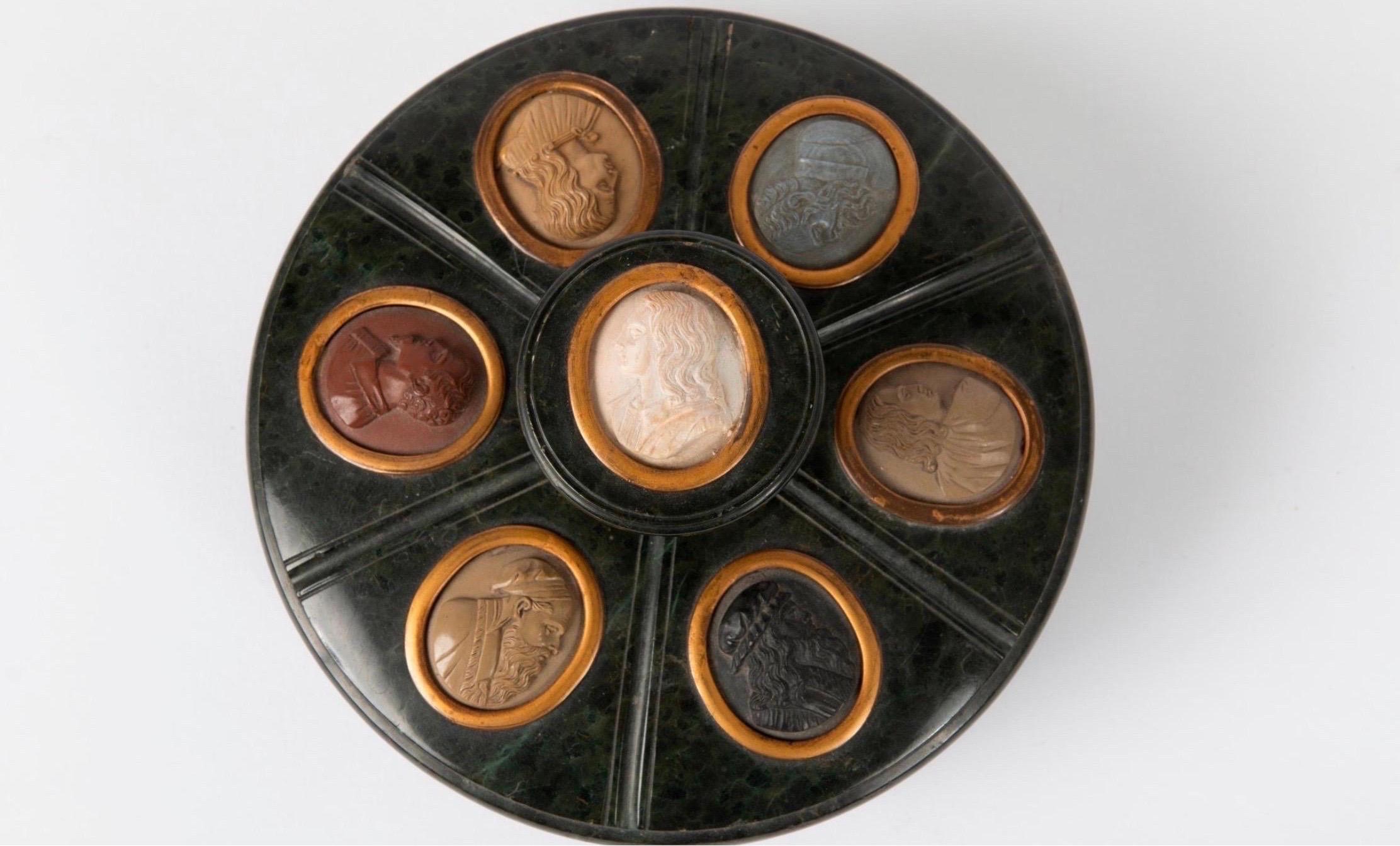Carved Grand Tour Serpentine Inkwell and Cover Inset with 7 Lava Stone Cameos, 19th C For Sale