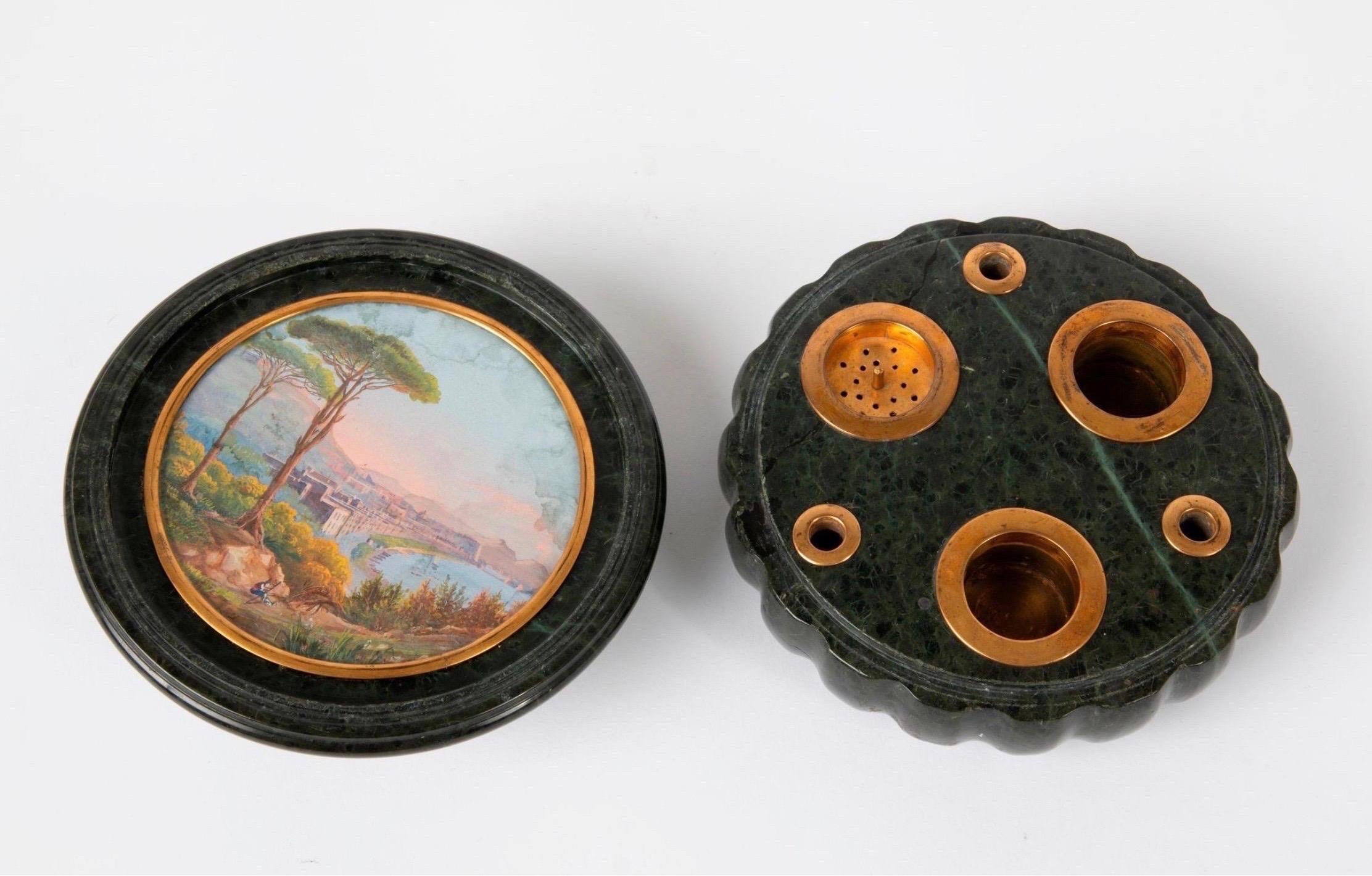 19th Century Grand Tour Serpentine Inkwell and Cover Inset with 7 Lava Stone Cameos, 19th C For Sale
