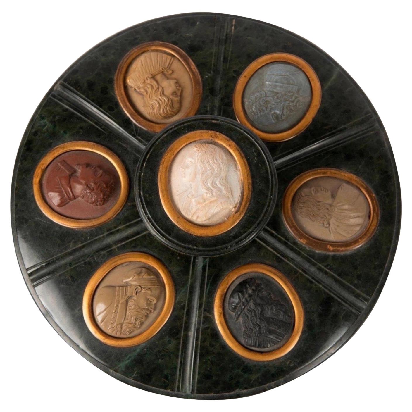 Grand Tour Serpentine Inkwell and Cover Inset with 7 Lava Stone Cameos, 19th C For Sale