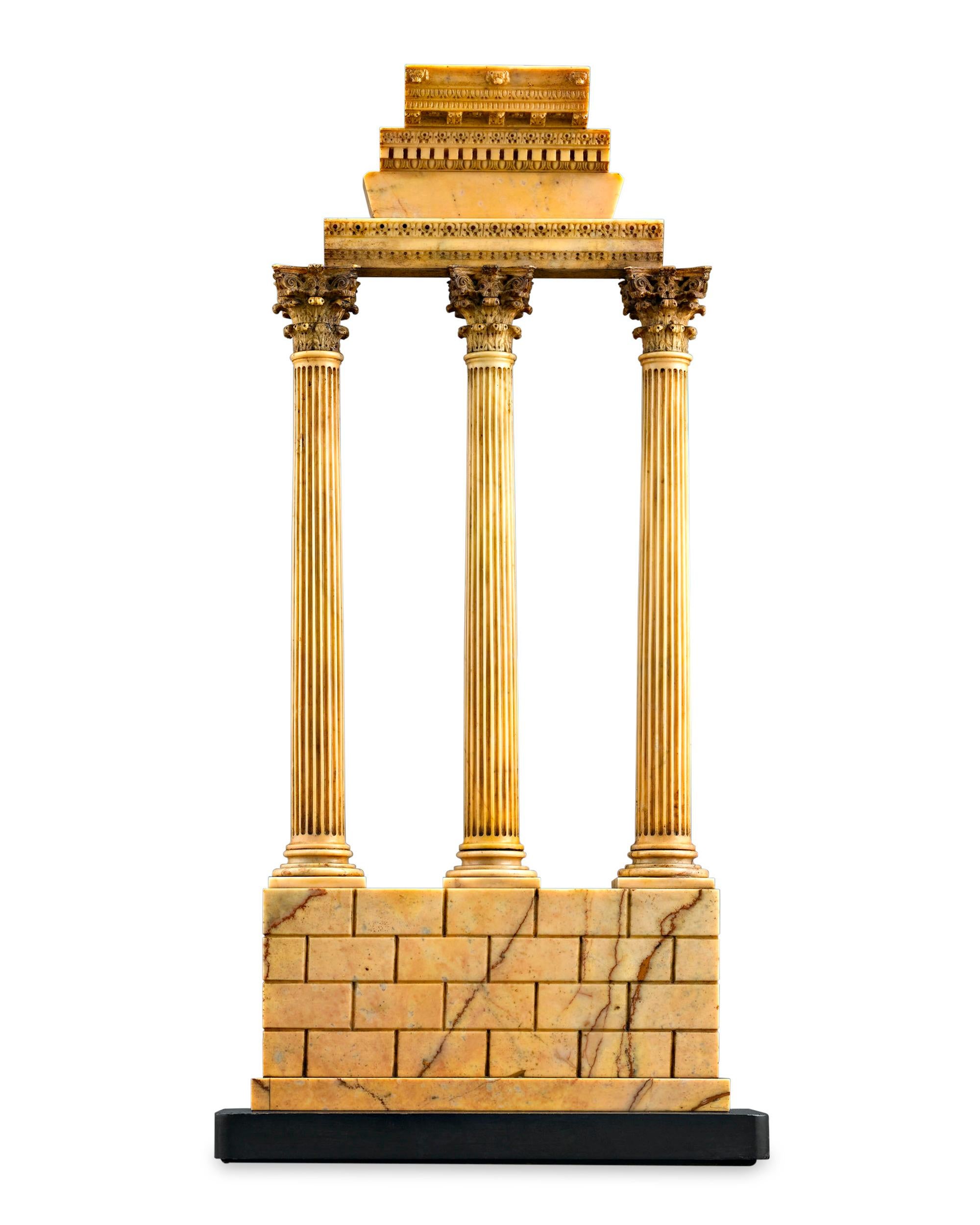 This model of the ruins of the Temple of caster and Pollux in Rome evokes the lasting grandeur of ancient Rome. Today just three massive columns remain from the ancient edifice, which is perfectly replicated here down to the smallest detail.