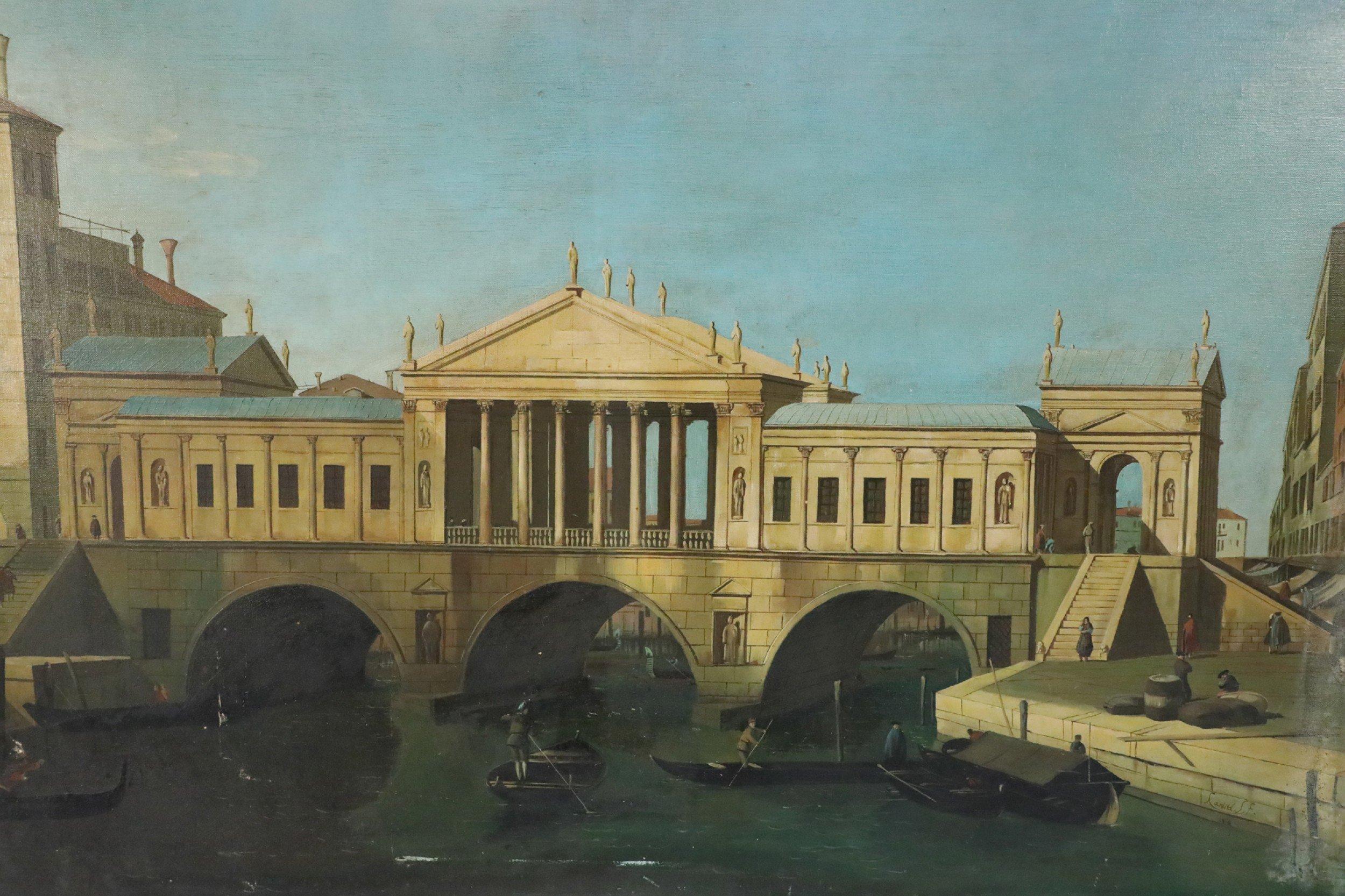 Italian Venetian-style (20th Century) genre painting of a bridge covered in classical architecture with gondolas rowing through the canals below, on unframed canvas.

Wear, paint loss and scratching, puncture hole in upper right corner mildly