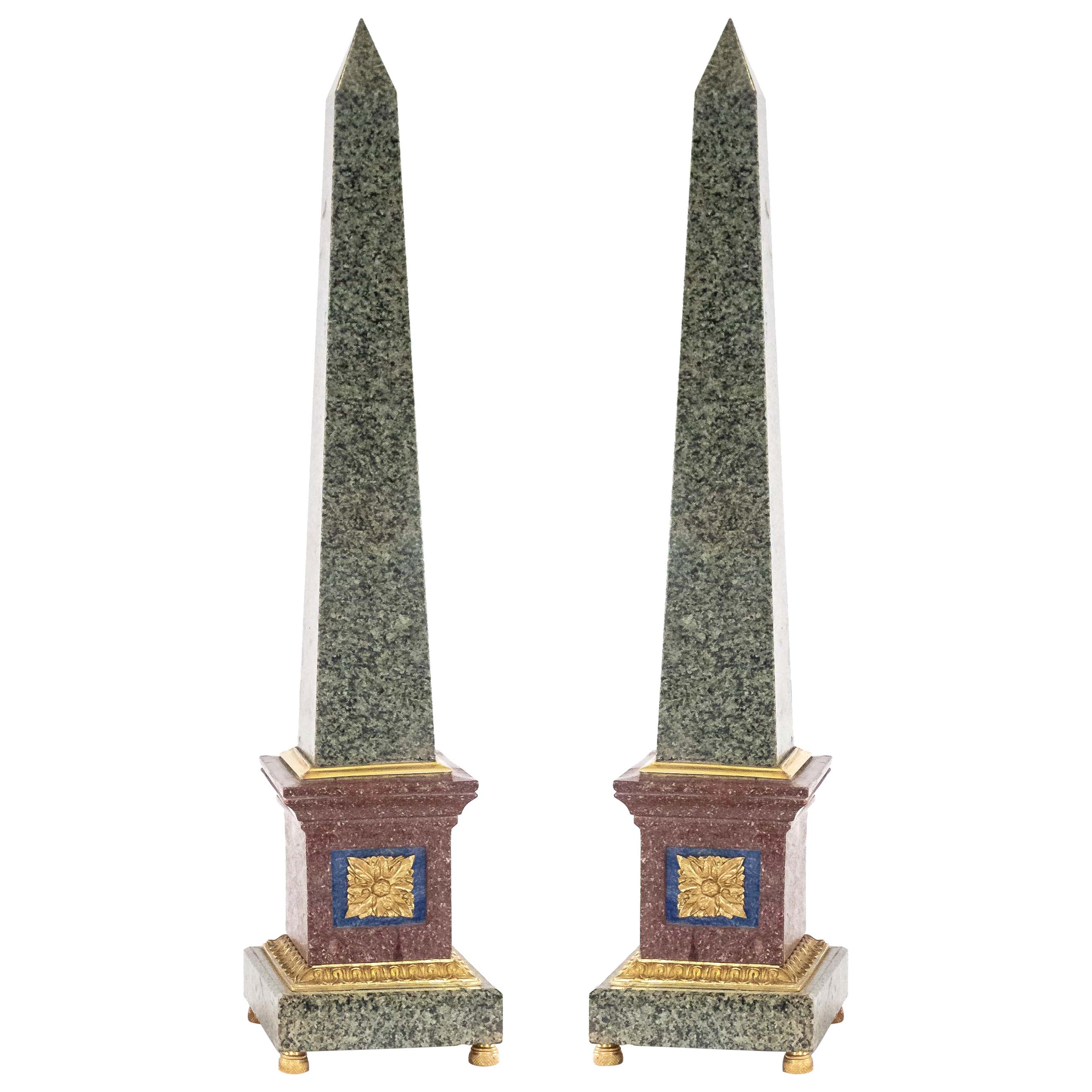 Grand Tour Style Bronze Mounted Hard Stone Obelisks