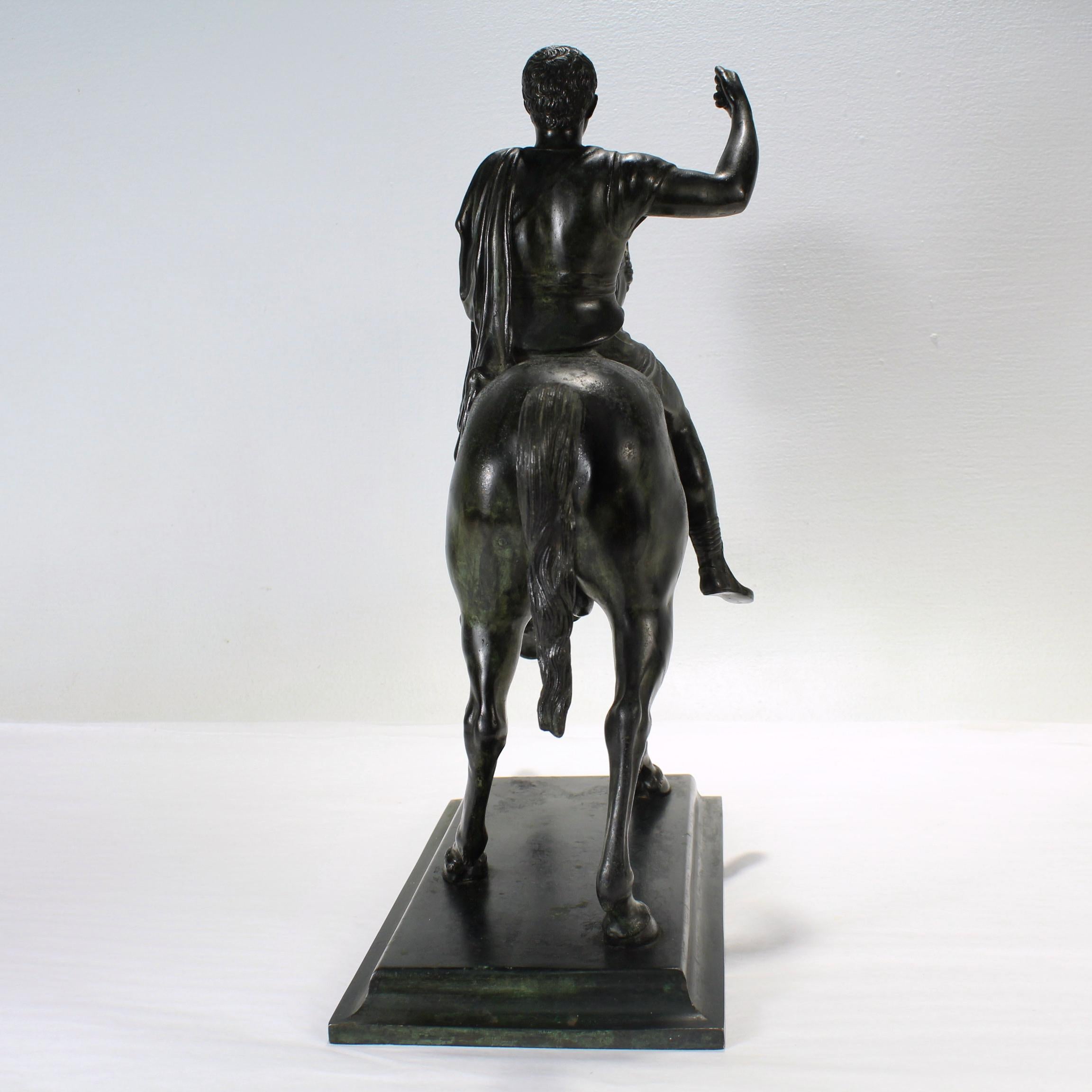 A finely cast table-scale Grand Tour style bronze sculpture after the antique.

Depicting either Marcus Aurelius or Caesar on horseback. 

With a modeled black and verdigris patina. 

Simply a finely cast model! 

Date:
20th