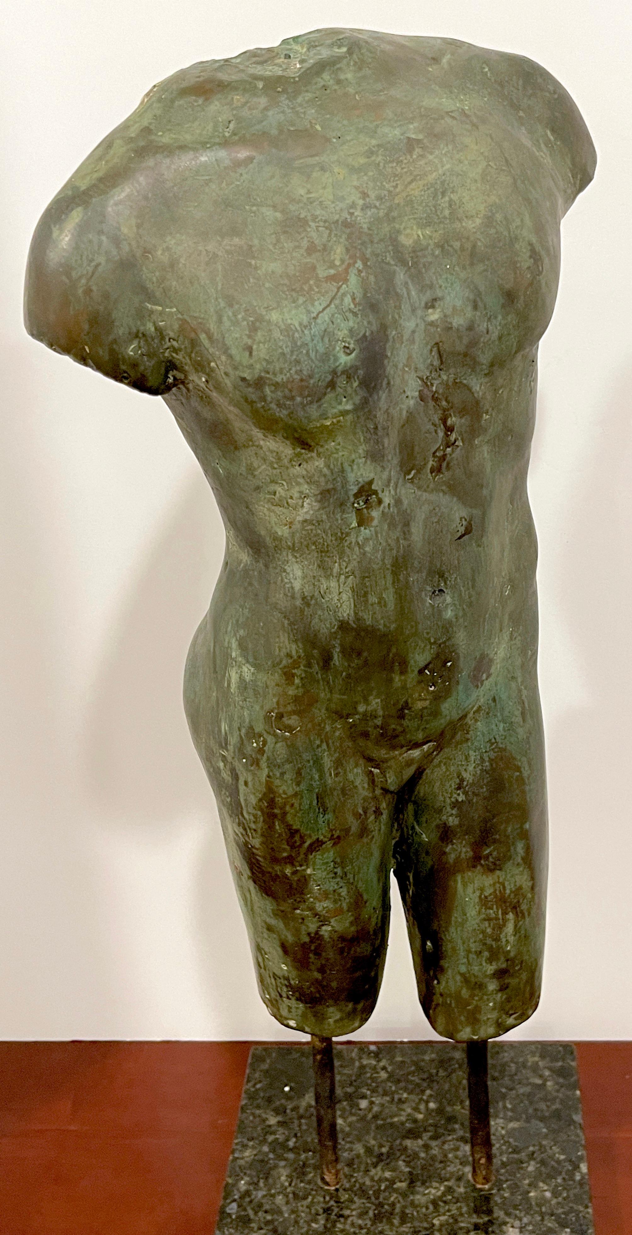 Cast Grand Tour Style Greco-Roman Bronze Male Nude Torso Fragment, Museum Mounted 