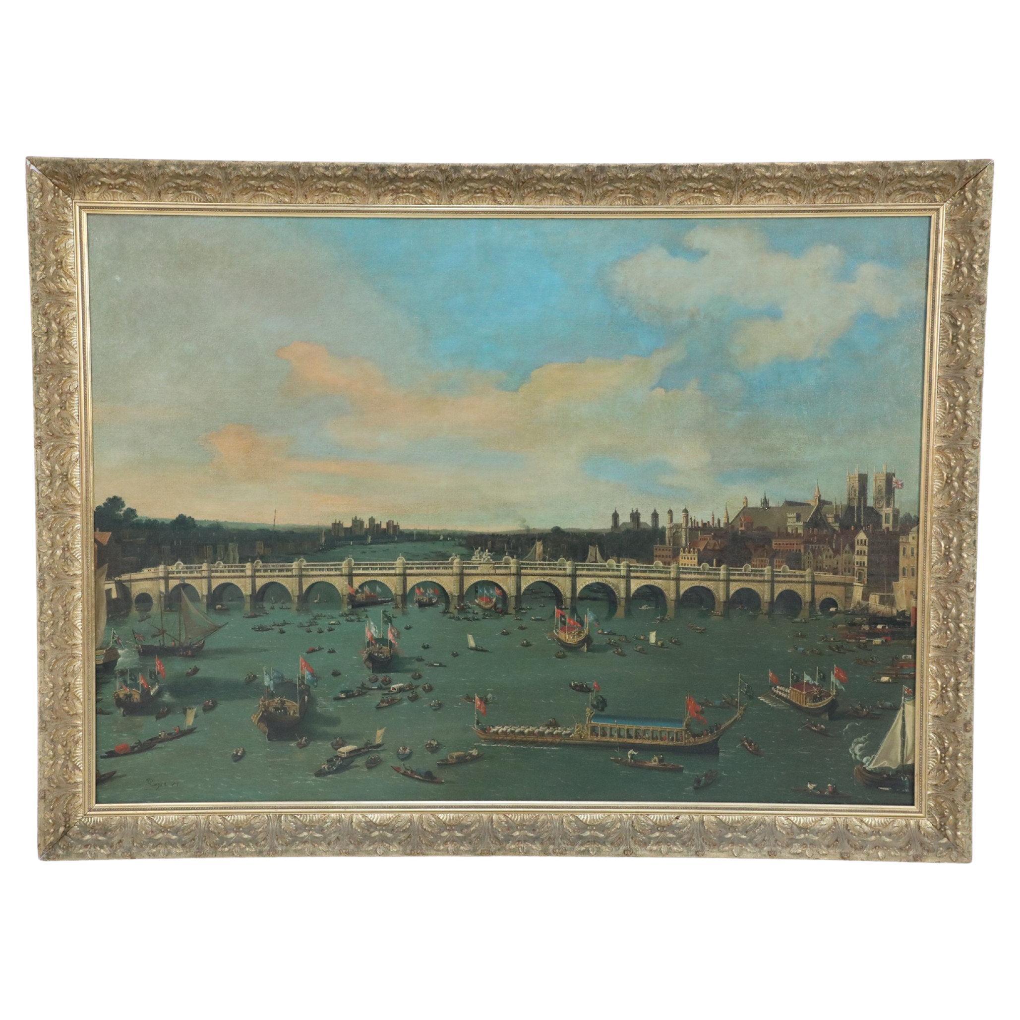 Peinture à l'huile vénitienne italienne du milieu du siècle dernier, style Grand Tour, représentant une scène de canal 