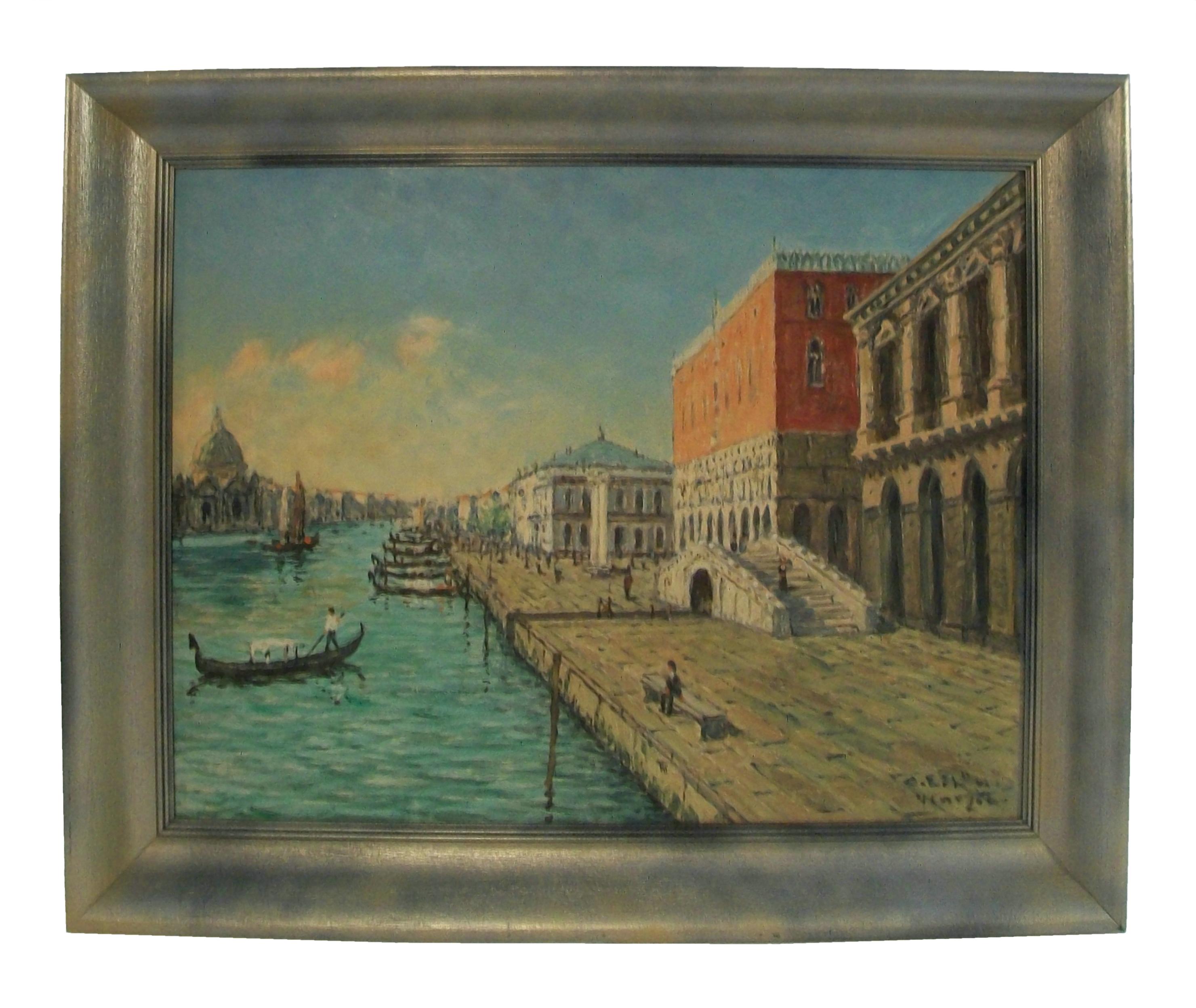 Grand Tour Style Venetian Canal Oil Painting - Signed - Italy - Circa 1950's For Sale 3