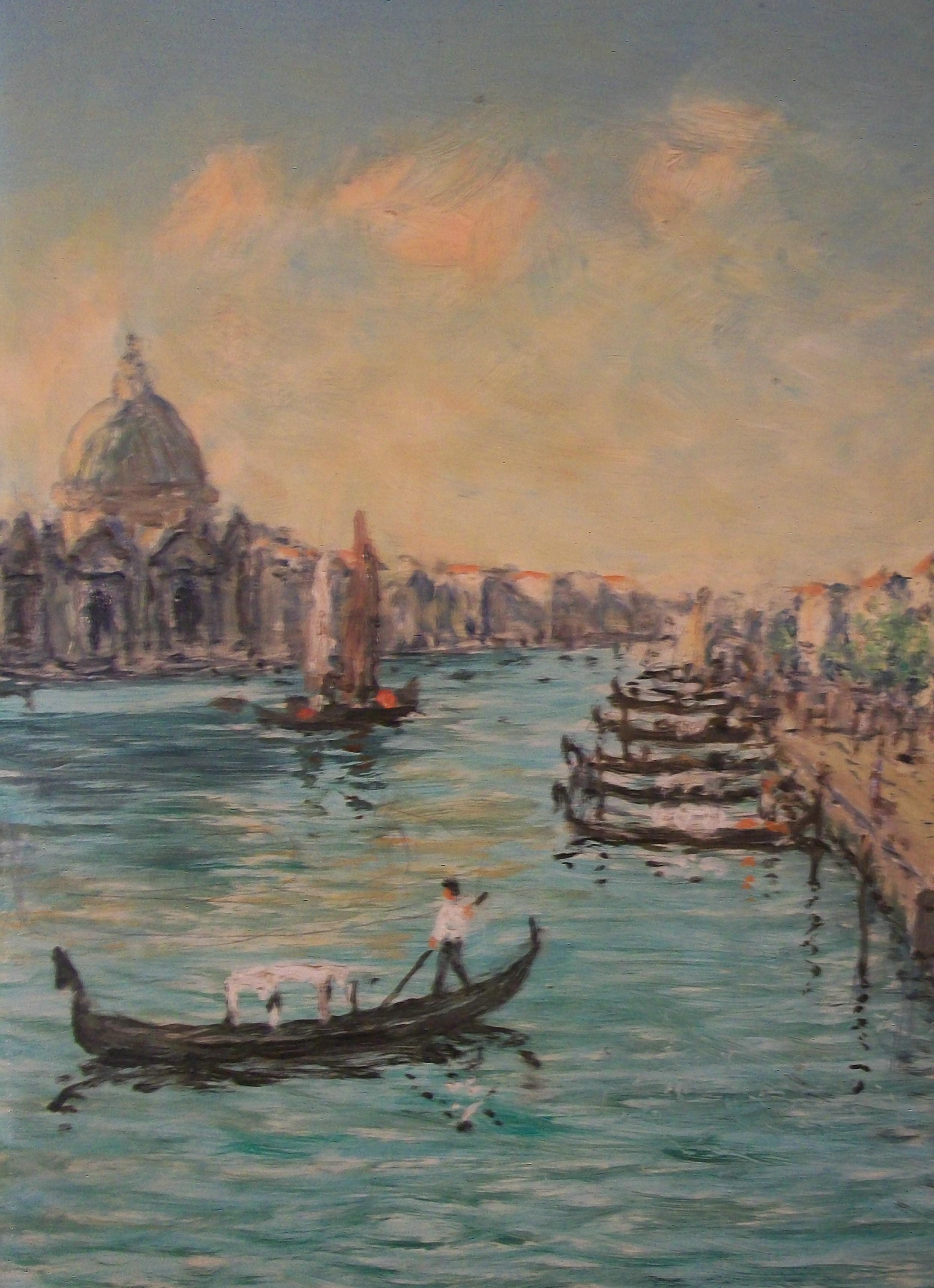Post Impressionist Grand Tour style Venetian oil painting on prepared Masonite panel - titled verso 'PALAZZO DUCALE, VENEZIA' - featuring the Doge's Palace on the Grand Canal with boats, people and St. Marks Basilica in the distance - finished with