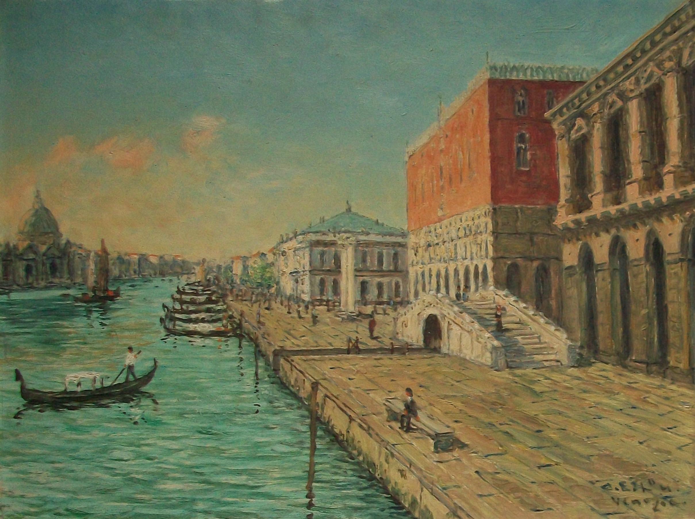 Pintura al óleo al estilo Gran Tour del Canal de Venecia - Firmada - Italia - Circa 1950's