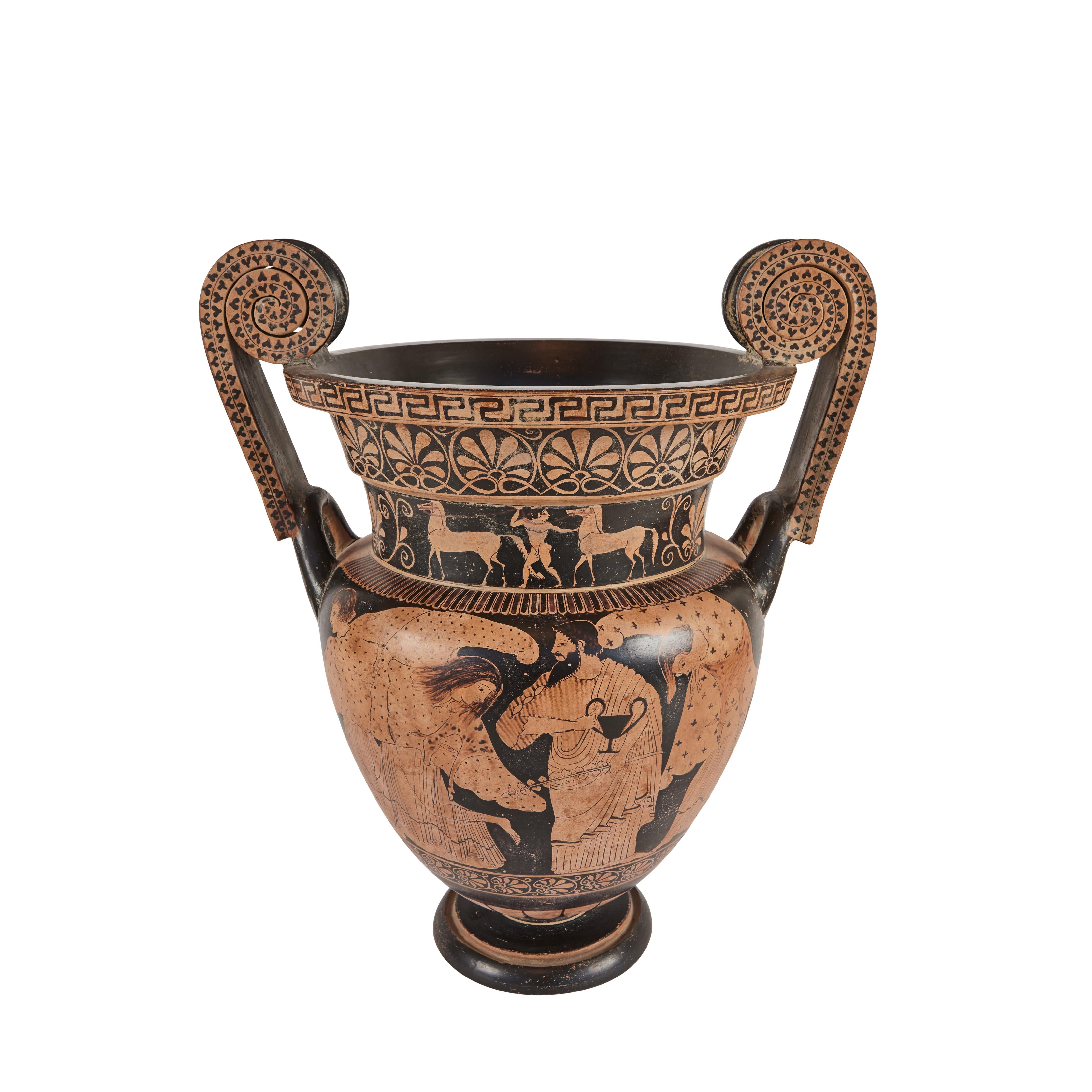 Handbemalte, kraterförmige Grand-Tour-Terrakotta-Vase mit Figuren und Pferden. Dieses Stück stammt aus dem späten 19. und frühen 20. Jahrhundert.