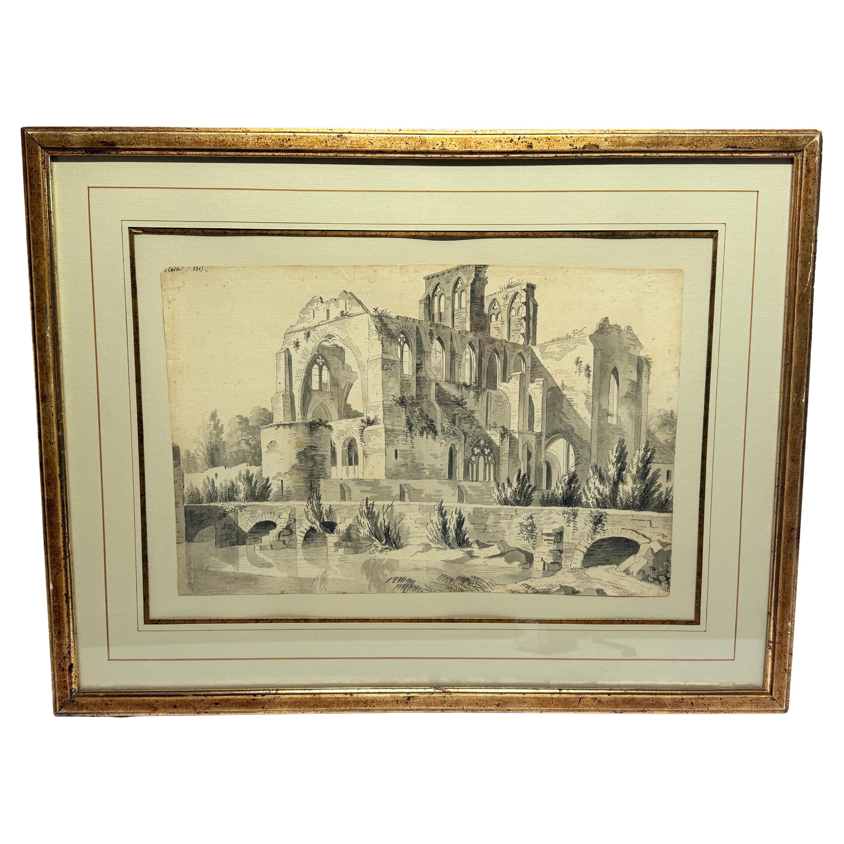 Grand Tour Watercolor of Gothic Ruins, Attributed to Charles-Joseph Celle C.1813