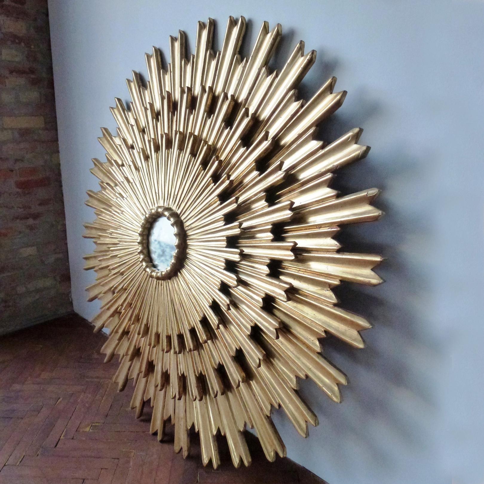 Carved Oversized Triple Layered Giltwood Sunburst Mirror, Spain 1950s For Sale