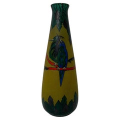 Antique Grand Vase Art Déco en verre emaillé Décor aux Oiseaux de la Verrerie Leune
