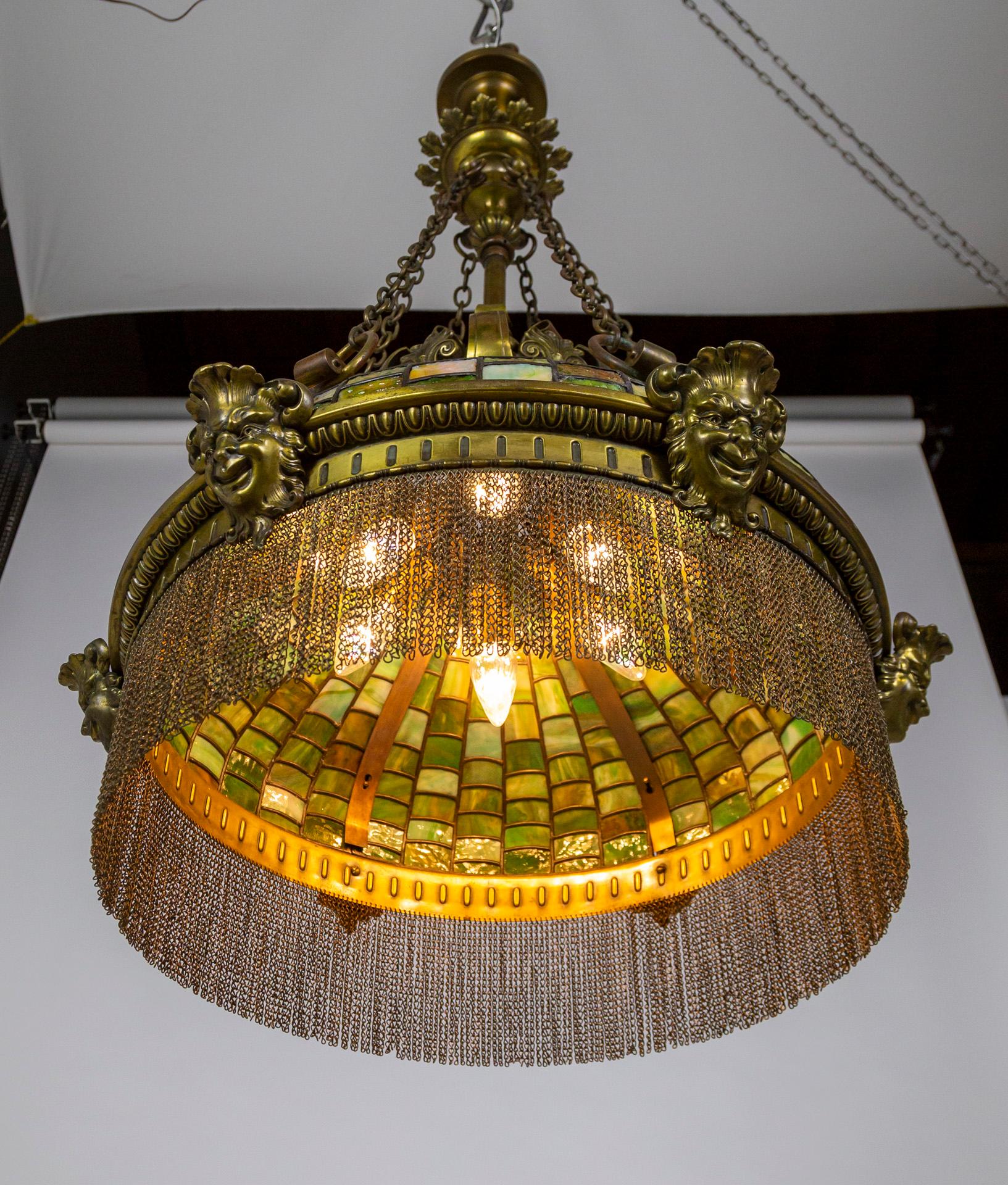 Grand Victorian/Art Nouveau Green Slag Glass & Brass Mascaron Pendant Light For Sale 5